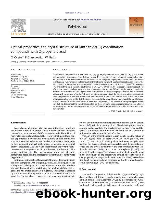 Optical properties and crystal structure of lanthanide(III) coordination compounds with 2-propenoic acid by G. Oczko & P. Starynowicz & W. Buda
