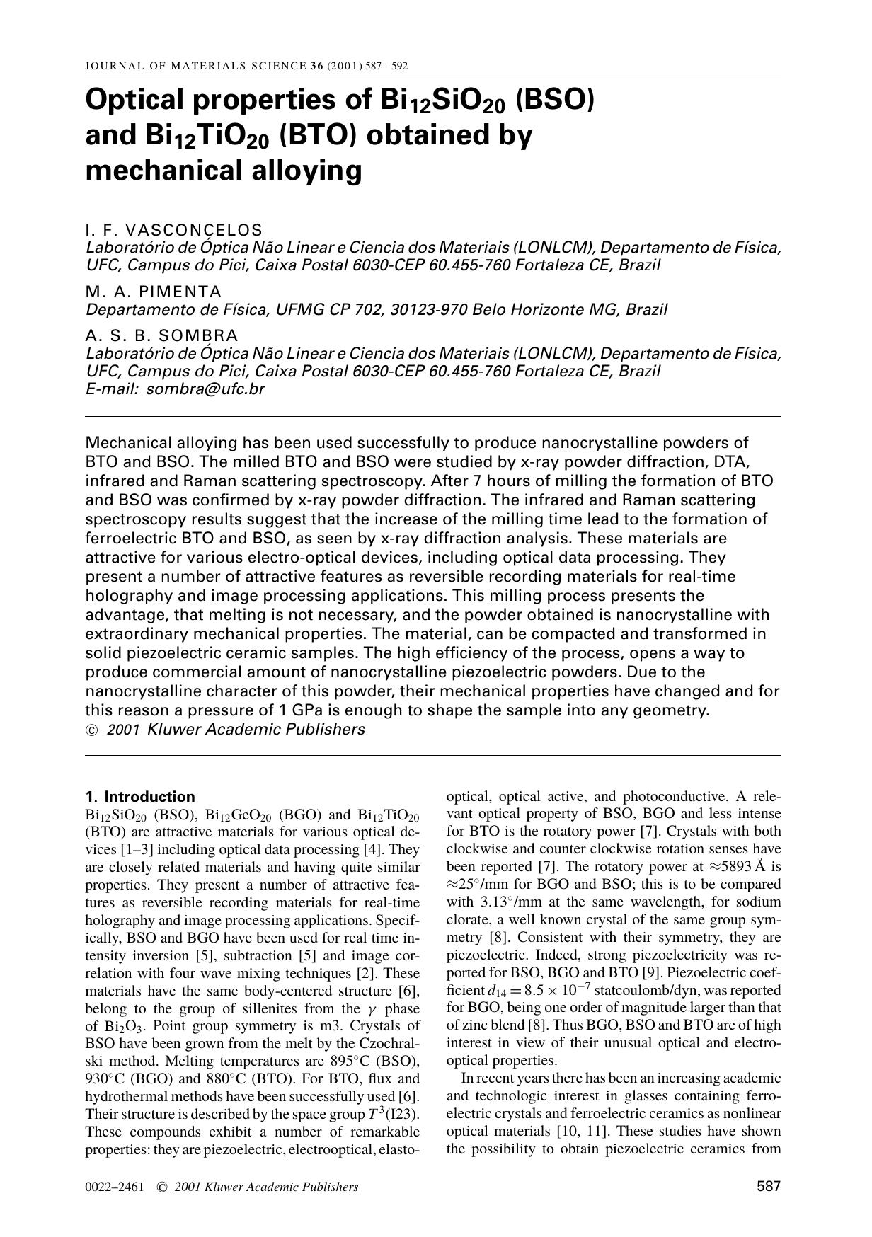 Optical properties of Bi12SiO20 (BSO) and Bi12TiO20 (BTO) obtained by mechanical alloying by Unknown