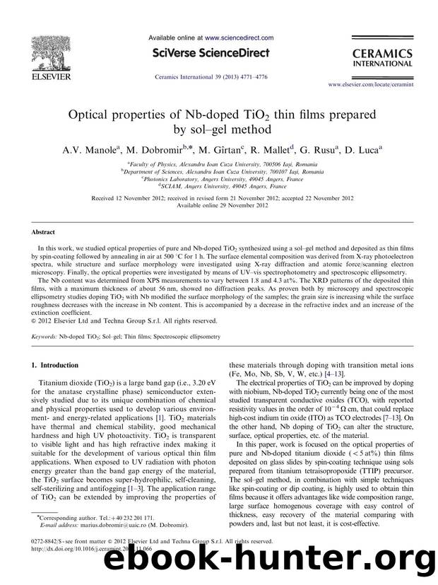 Optical properties of Nb-doped TiO2 thin films prepared by solâgel method by A.V. Manole & M. Dobromir & M. Gîrtan & R. Mallet & G. Rusu & D. Luca
