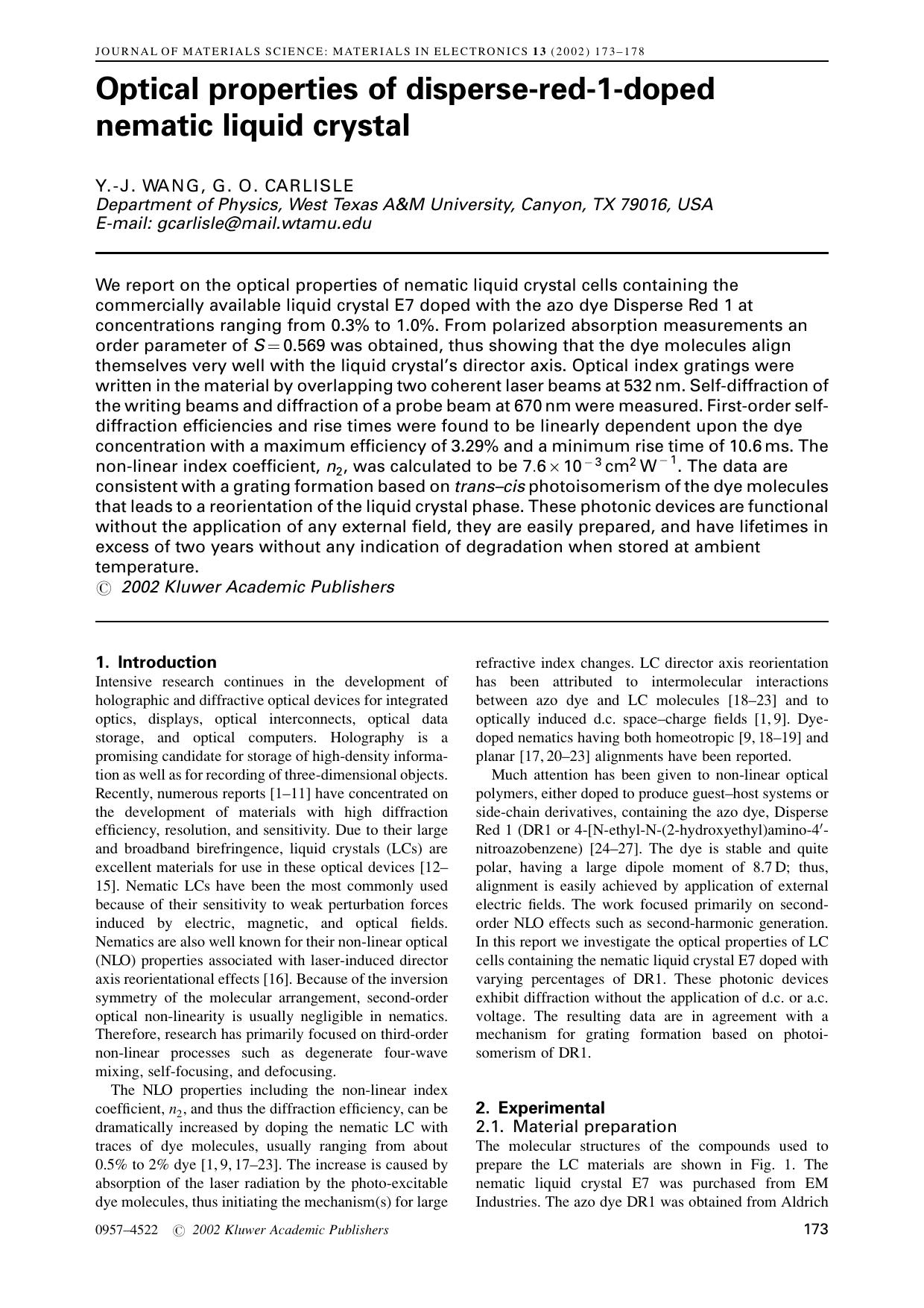 Optical properties of disperse-red-1-doped nematic liquid crystal by Unknown