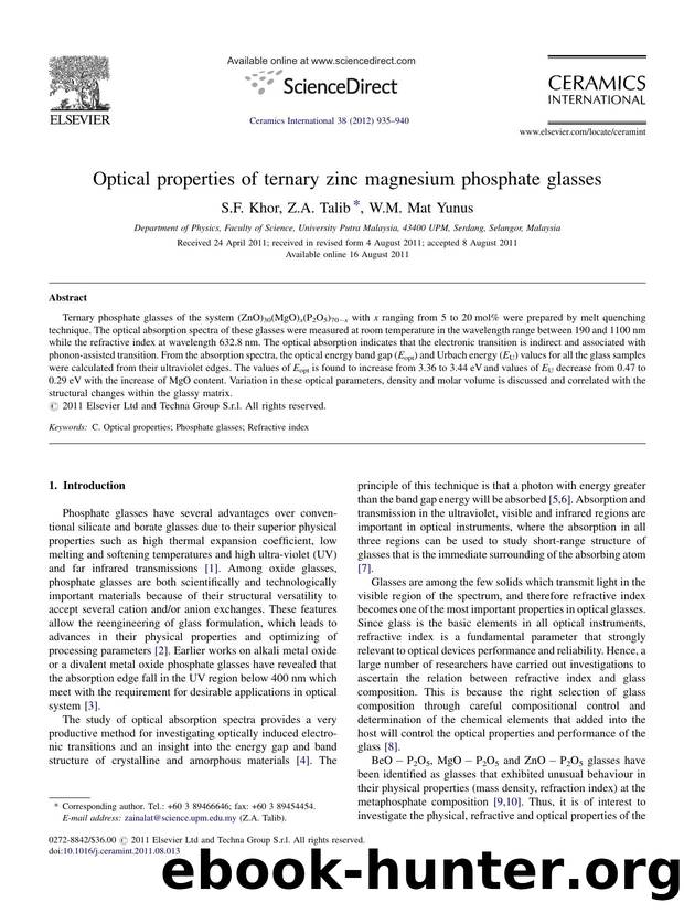 Optical properties of ternary zinc magnesium phosphate glasses by S.F. Khor