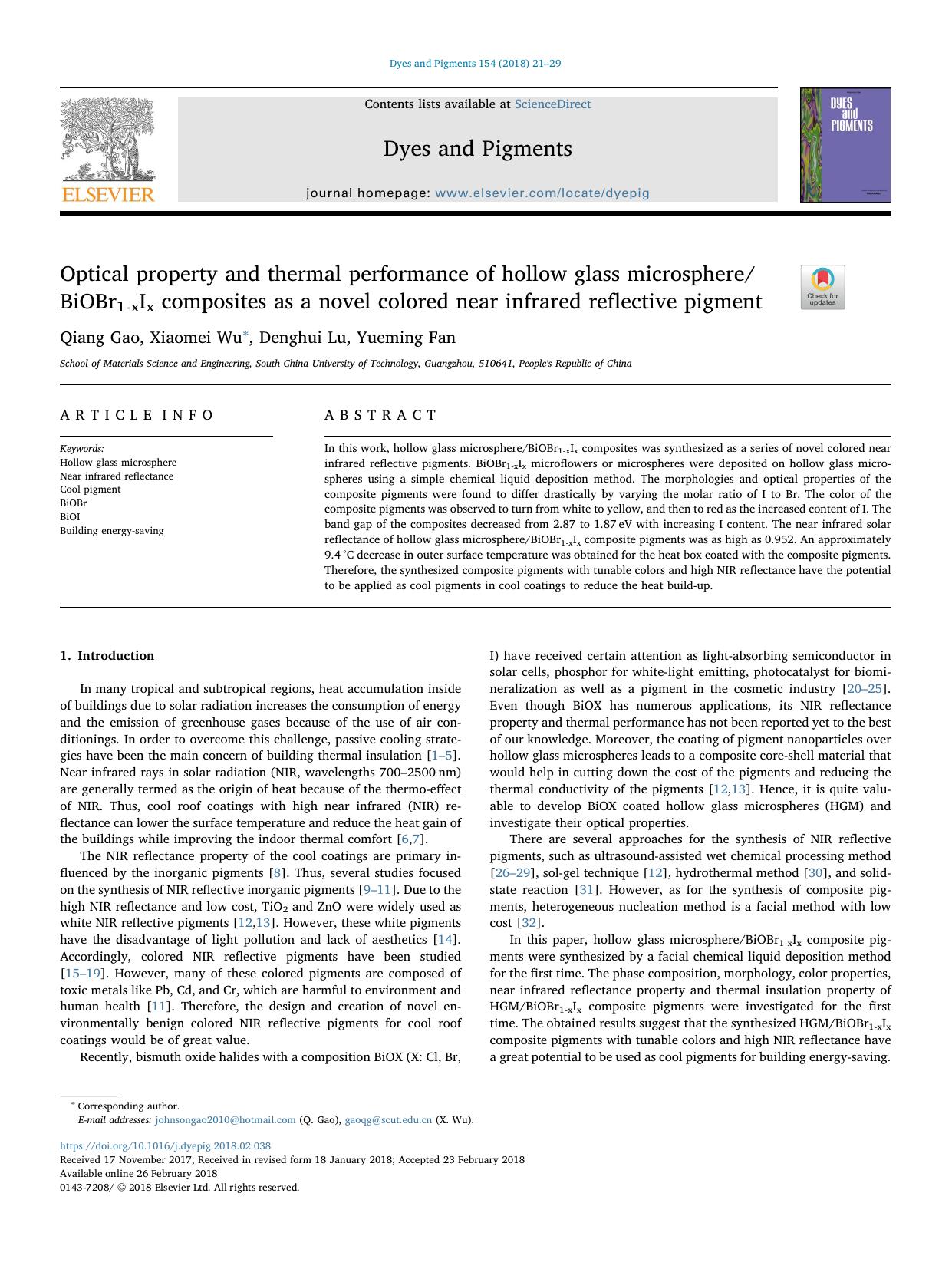 Optical property and thermal performance of hollow glass microsphereBiOBr1-xIx composites as a novel colored near infrared reflective pigment by Qiang Gao & Xiaomei Wu & Denghui Lu & Yueming Fan