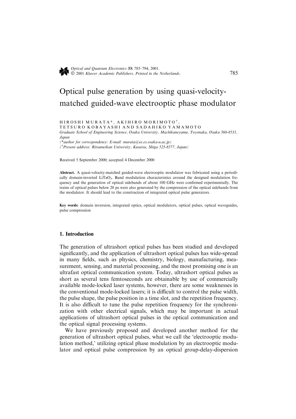 Optical pulse generation by using quasi-velocity-matched guided-wave electrooptic phase modulator by Unknown