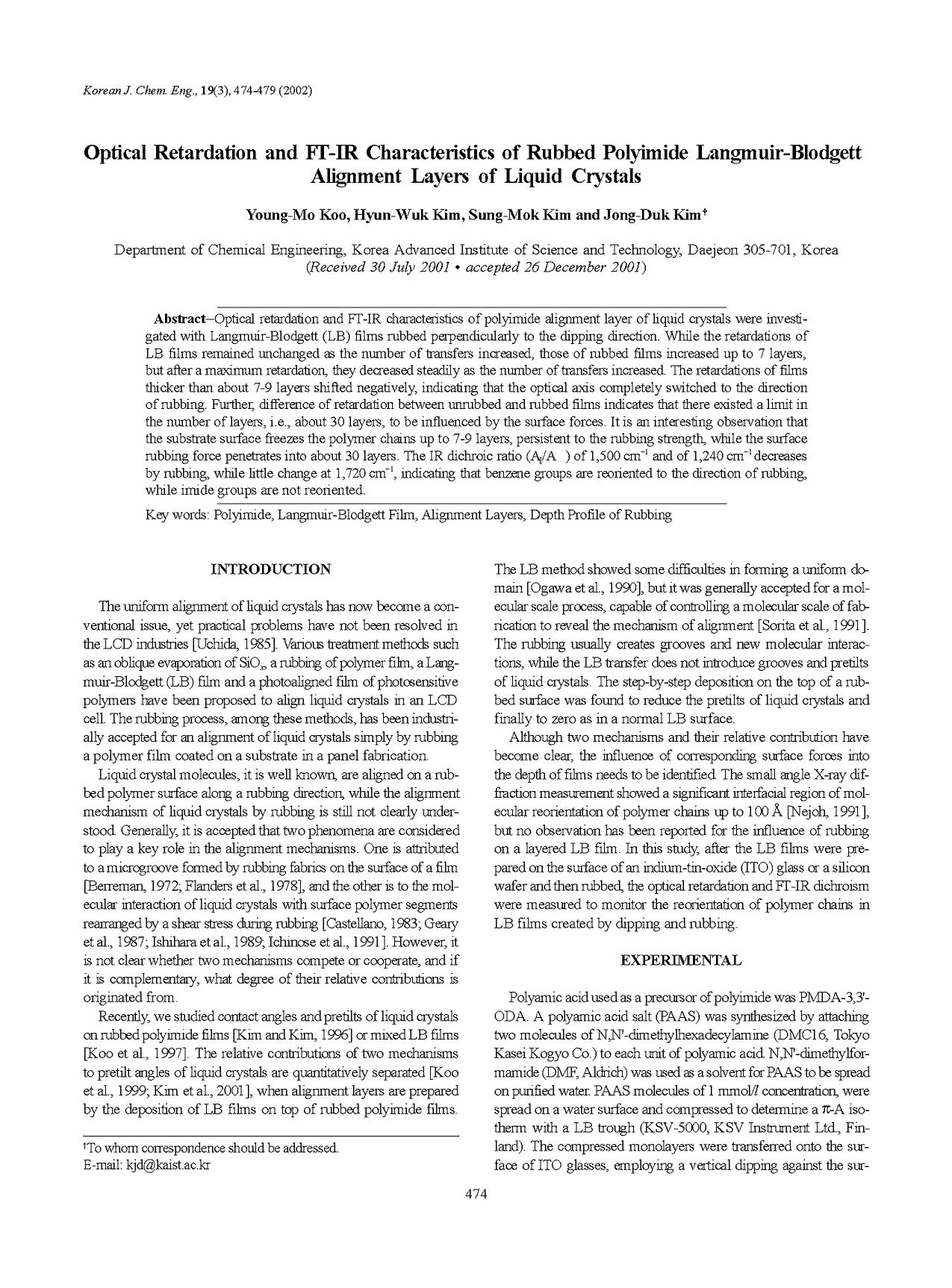 Optical retardation and FT-IR characteristics of rubbed polyimide langmuir-blodgett alignment layers of liquid crystals by Unknown