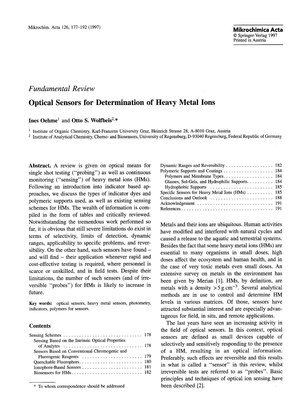 Optical sensors for determination of heavy metal ions by Unknown