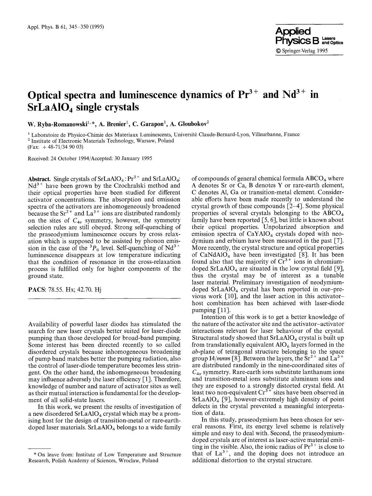 Optical spectra and luminescence dynamics of Pr <Superscript>3+ <Superscript> and Nd <Superscript>3+ <Superscript> in SrLaAlO <Subscript>4 <Subscript> single crystals by unknow