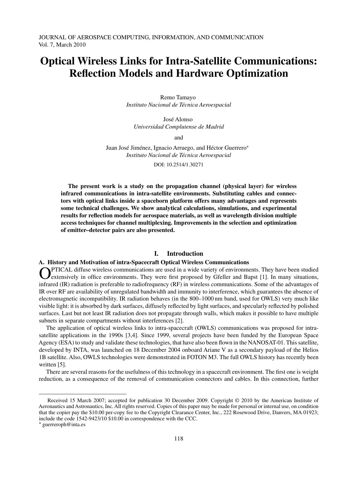 OpticalWireless Links for Intra-Satellite Communications Reflection Models and Hardware Optimization by Unknown