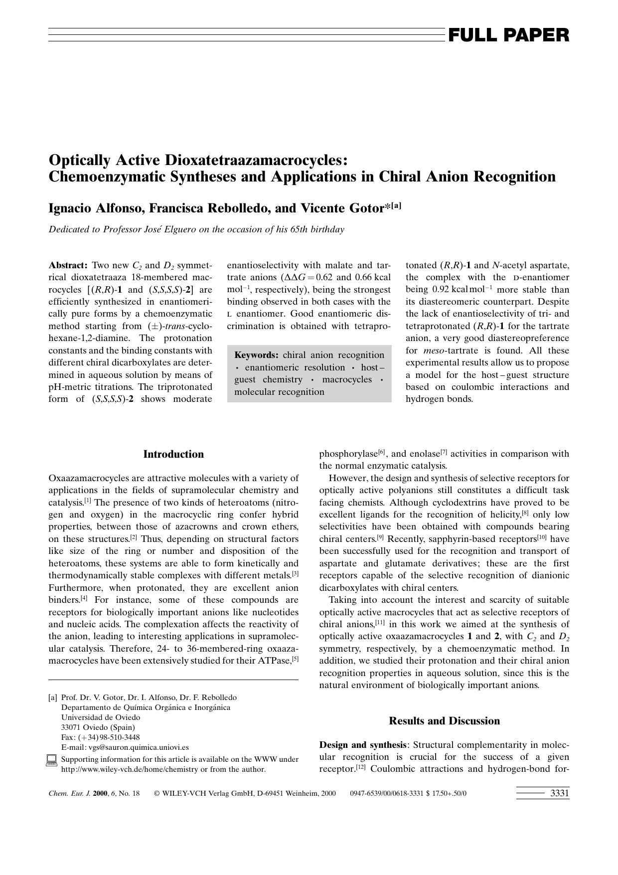 Optically Active Dioxatetraazamacrocycles: Chemoenzymatic Syntheses and Applications in Chiral Anion Recognition by Unknown