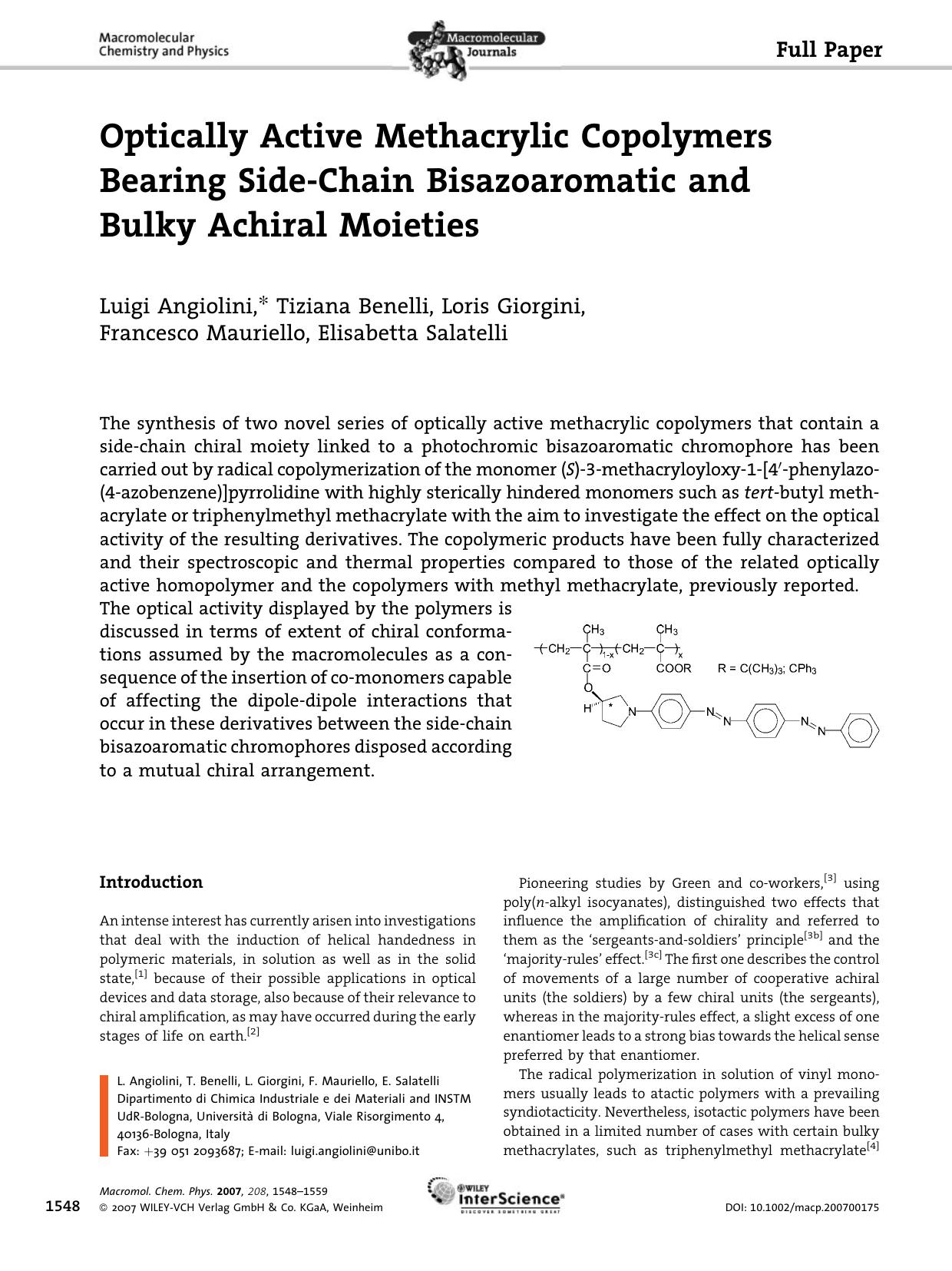 Optically Active Methacrylic Copolymers Bearing Side-Chain Bisazoaromatic and Bulky Achiral Moieties by unknow