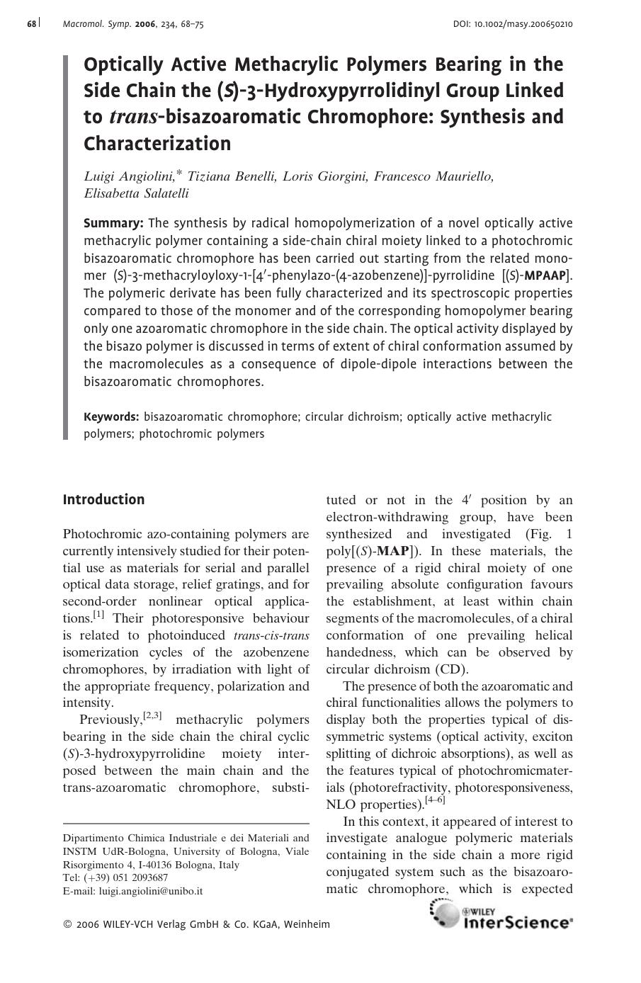Optically Active Methacrylic Polymers Bearing in the Side Chain the (S)-3-Hydroxypyrrolidinyl Group Linked to trans-bisazoaromatic Chromophore: Synthesis and Characterization by Unknown