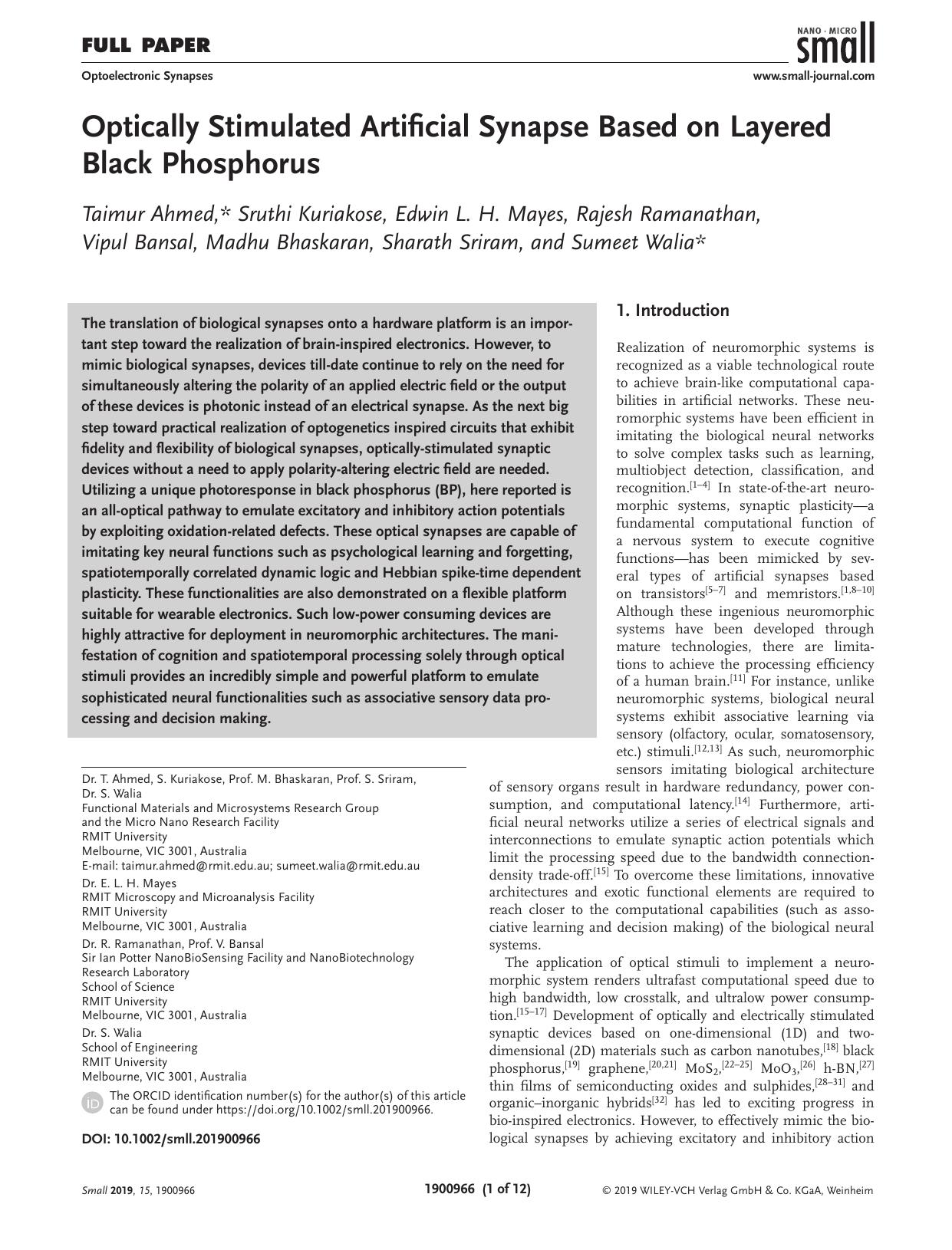 Optically Stimulated Artificial Synapse Based on Layered Black Phosphorus by Unknown