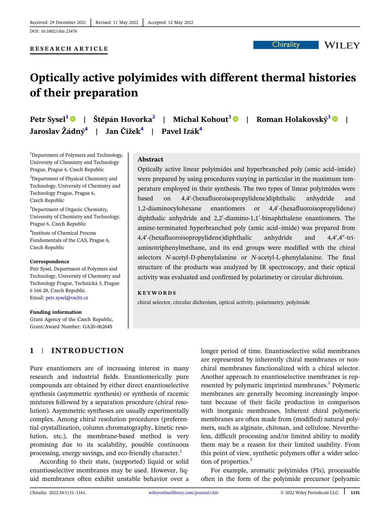 Optically active polyimides with different thermal histories of their preparation by unknow