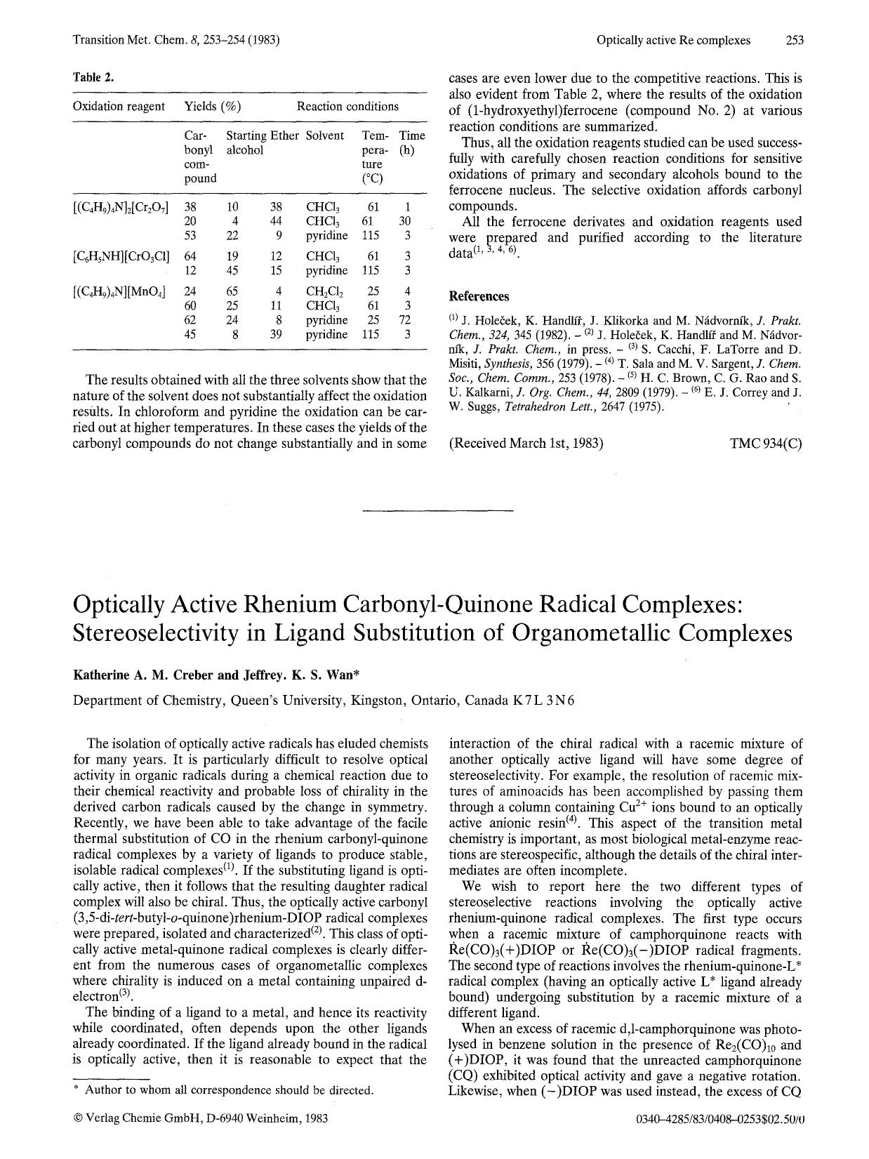 Optically active rhenium carbonyl-quinone radical complexes: Stereoselectivity in ligand substitution of organometallic complexes by Unknown