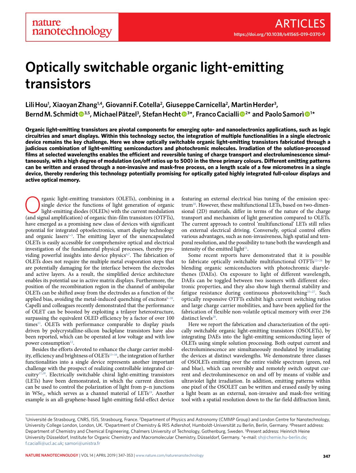 Optically switchable organic light-emitting transistors by unknow