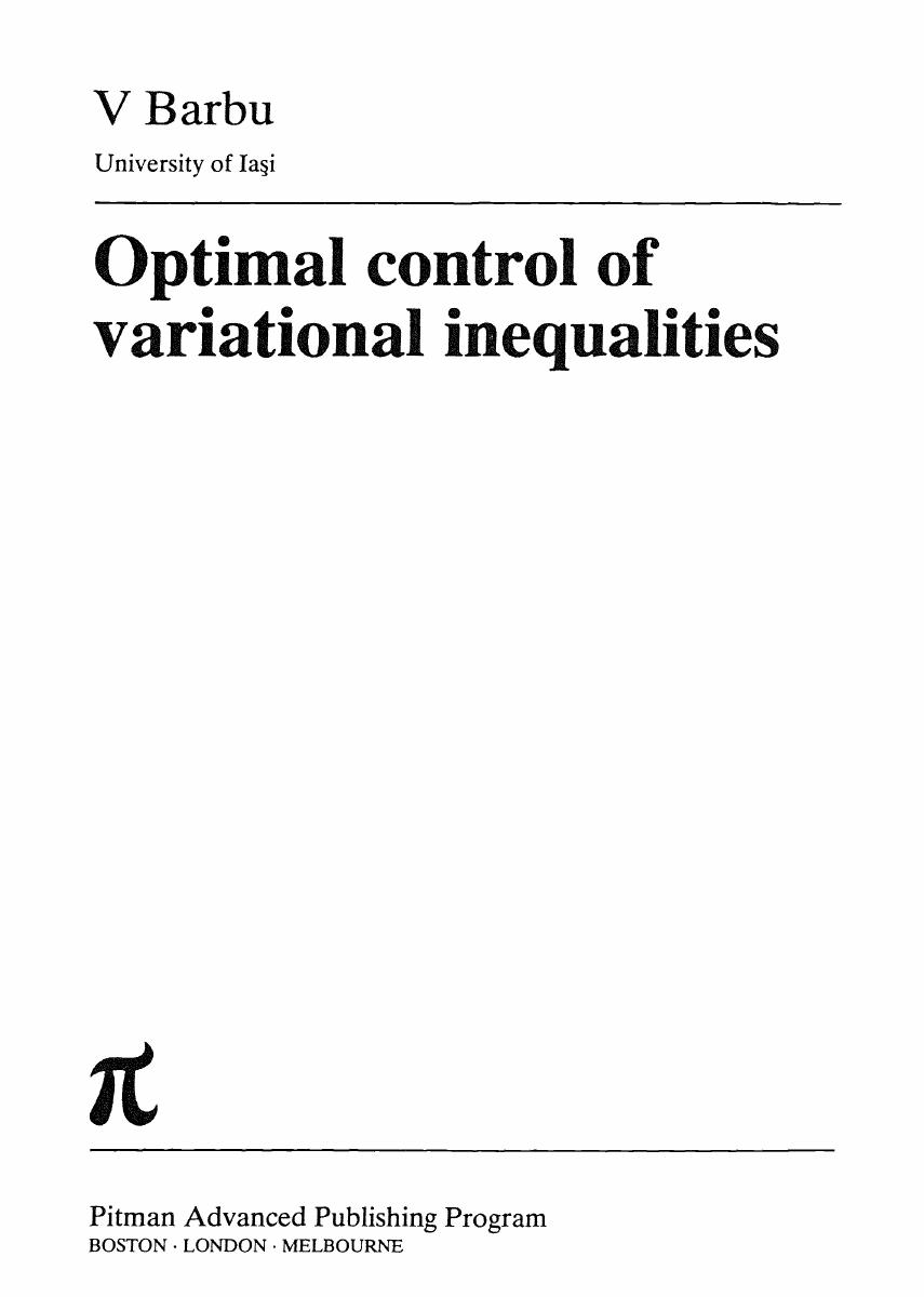Optimal Control of Variational Inequalities by Viorel Barbu