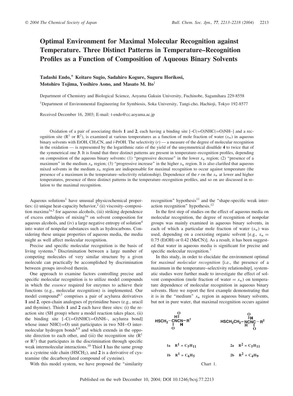 Optimal Environment for Maximal Molecular Recognition against Temperature. Three Distinct Patterns in Temperature--Recognition Profiles as a Function of Composition of Aqueous Binary Solvents by unknow