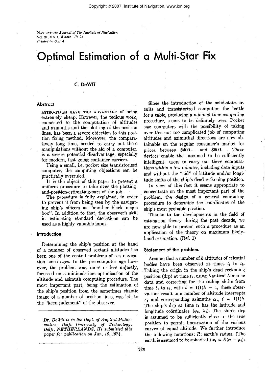 Optimal Estimation of a Multi-Star Fix by C. DeWIT