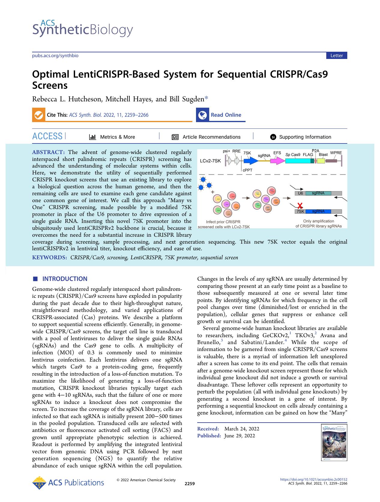 Optimal LentiCRISPR-Based System for Sequential CRISPRCas9 Screens by Rebecca L. Hutcheson Mitchell Hayes and Bill Sugden