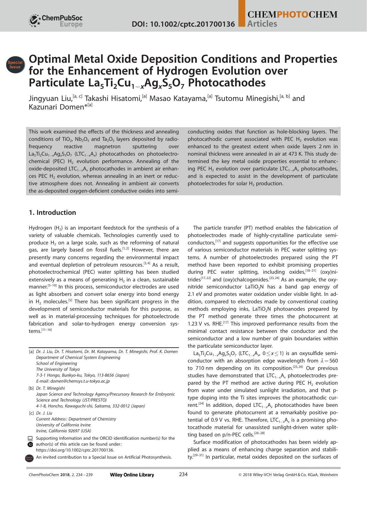 Optimal Metal Oxide Deposition Conditions and Properties for the Enhancement of Hydrogen Evolution over Particulate La5Ti2Cu1âxAgxS5O7 Photocathodes by Unknown
