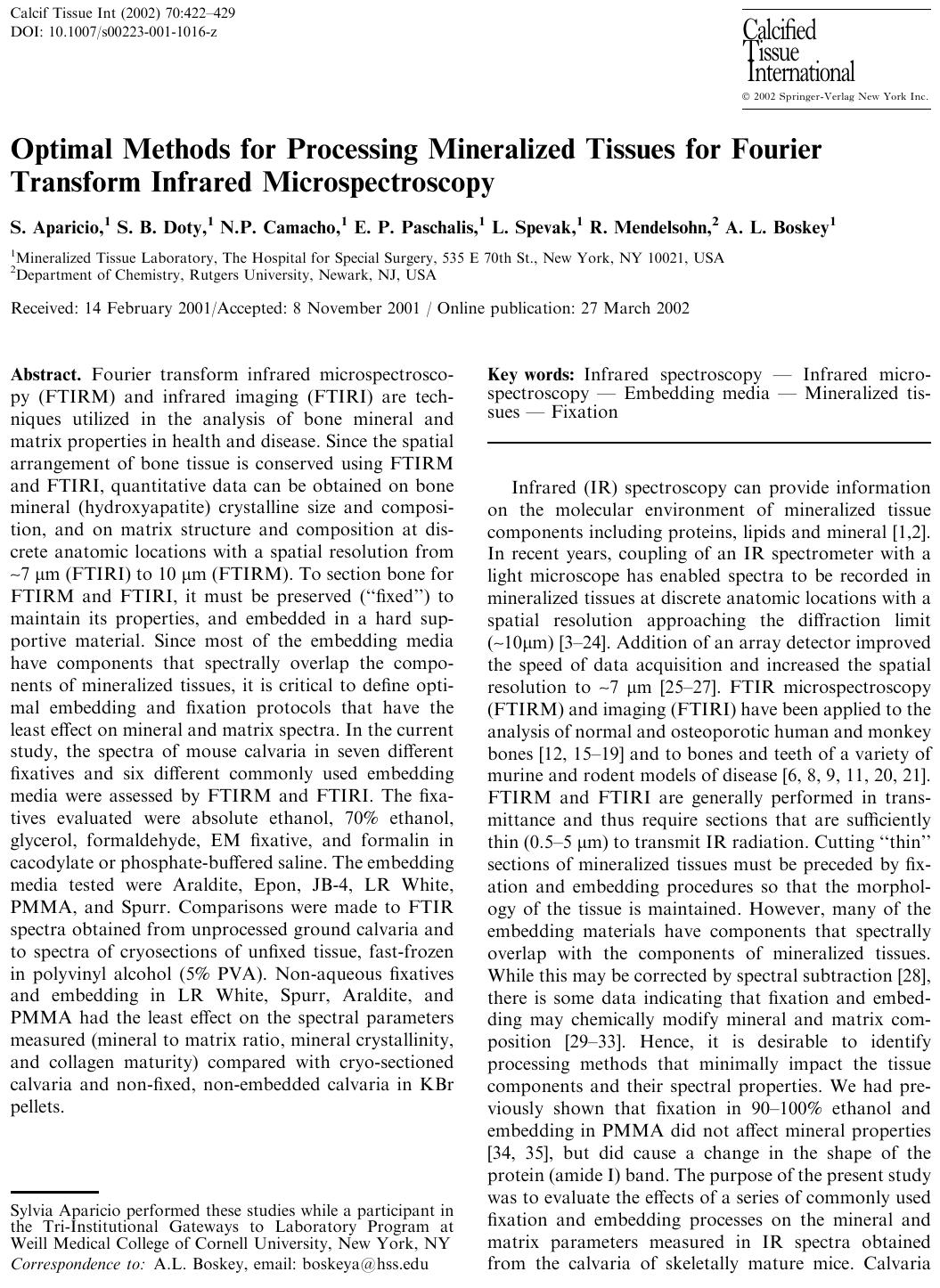 Optimal Methods for Processing Mineralized Tissues for Fourier Transform Infrared Microspectroscopy by Aparicio S. et al