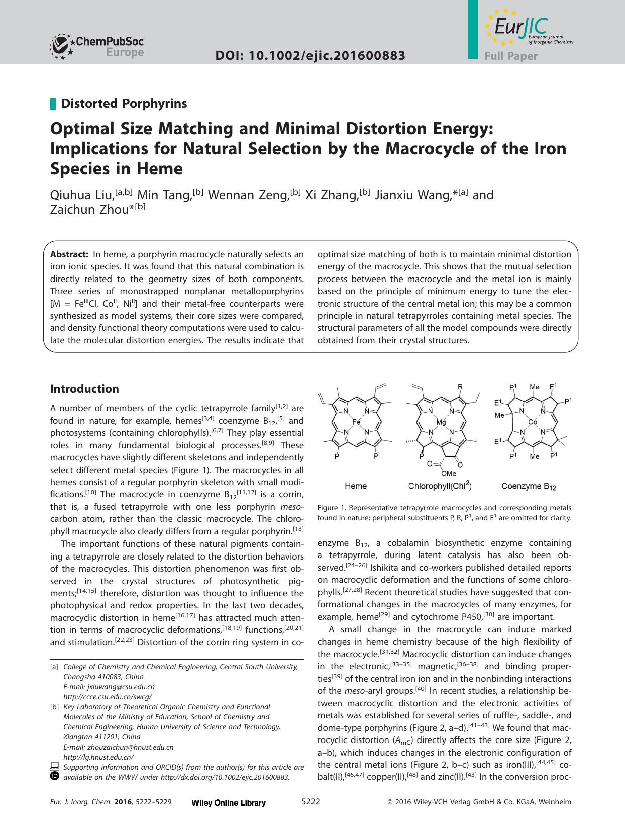 Optimal Size Matching and Minimal Distortion Energy: Implications for Natural Selection by the Macrocycle of the Iron Species in Heme by Unknown