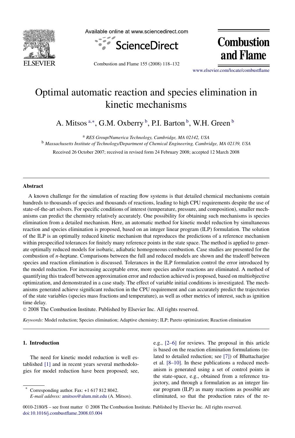 Optimal automatic reaction and species elimination in kinetic mechanisms by A. Mitsos; G.M. Oxberry; P.I. Barton; W.H. Green