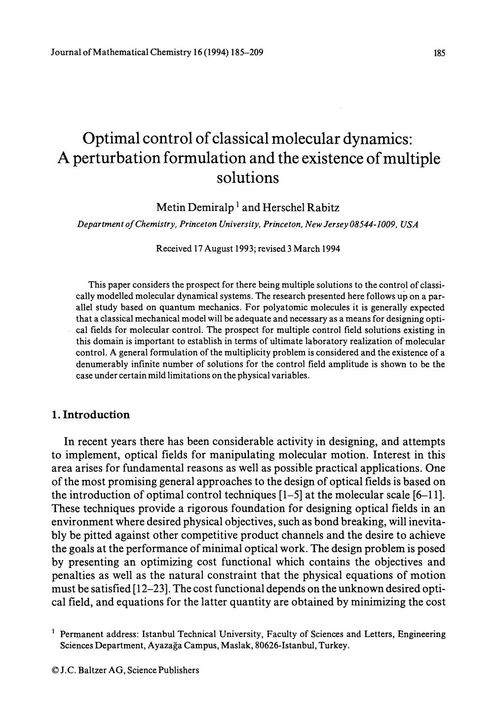 Optimal control of classical molecular dynamics: A perturbation formulation and the existence of multiple solutions by Unknown