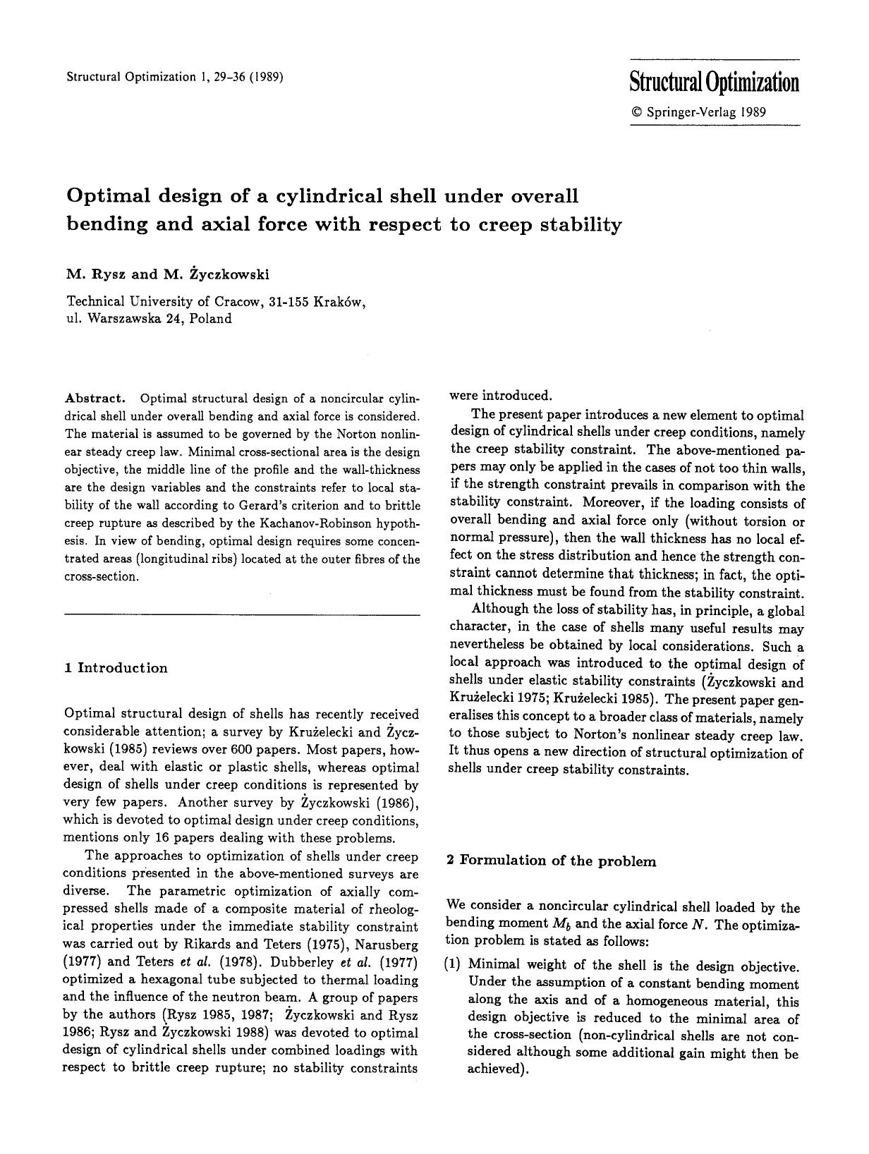 Optimal design of a cylindrical shell under overall bending and axial force with respect to creep stability by Unknown