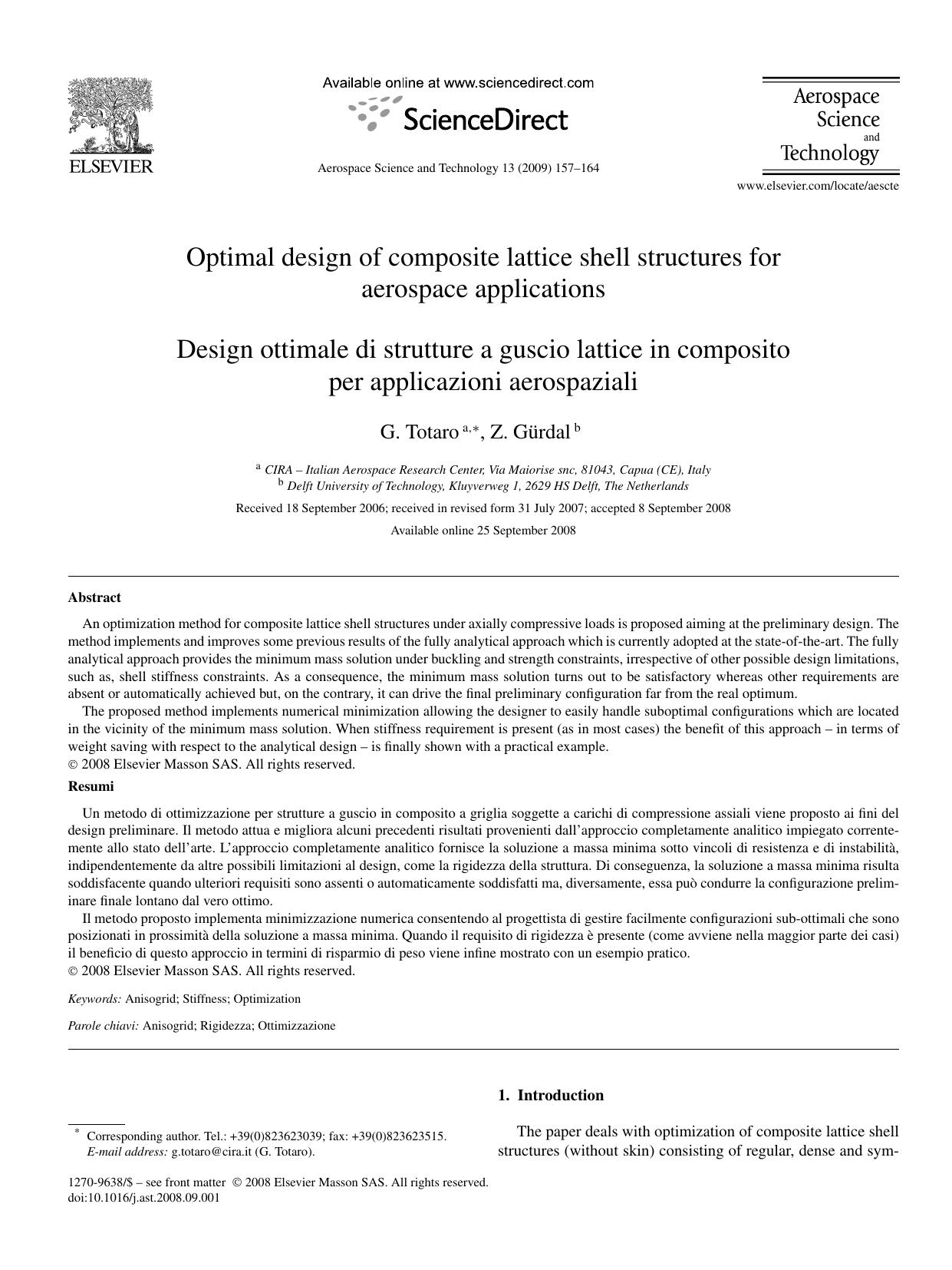 Optimal design of composite lattice shell structures for aerospace applications by G. Totaro; Z. Gürdal