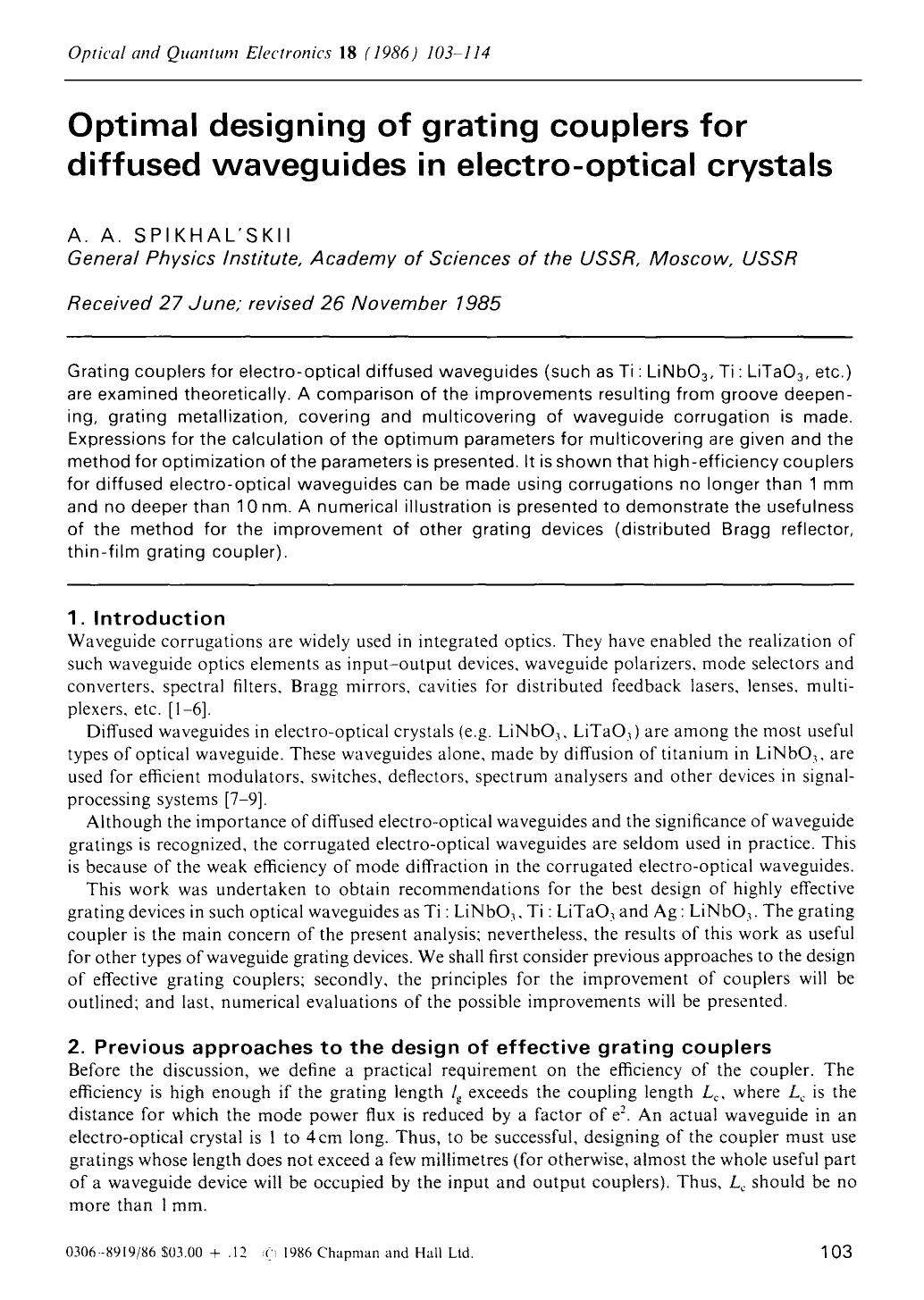 Optimal designing of grating couplers for diffused waveguides in electro-optical crystals by Unknown