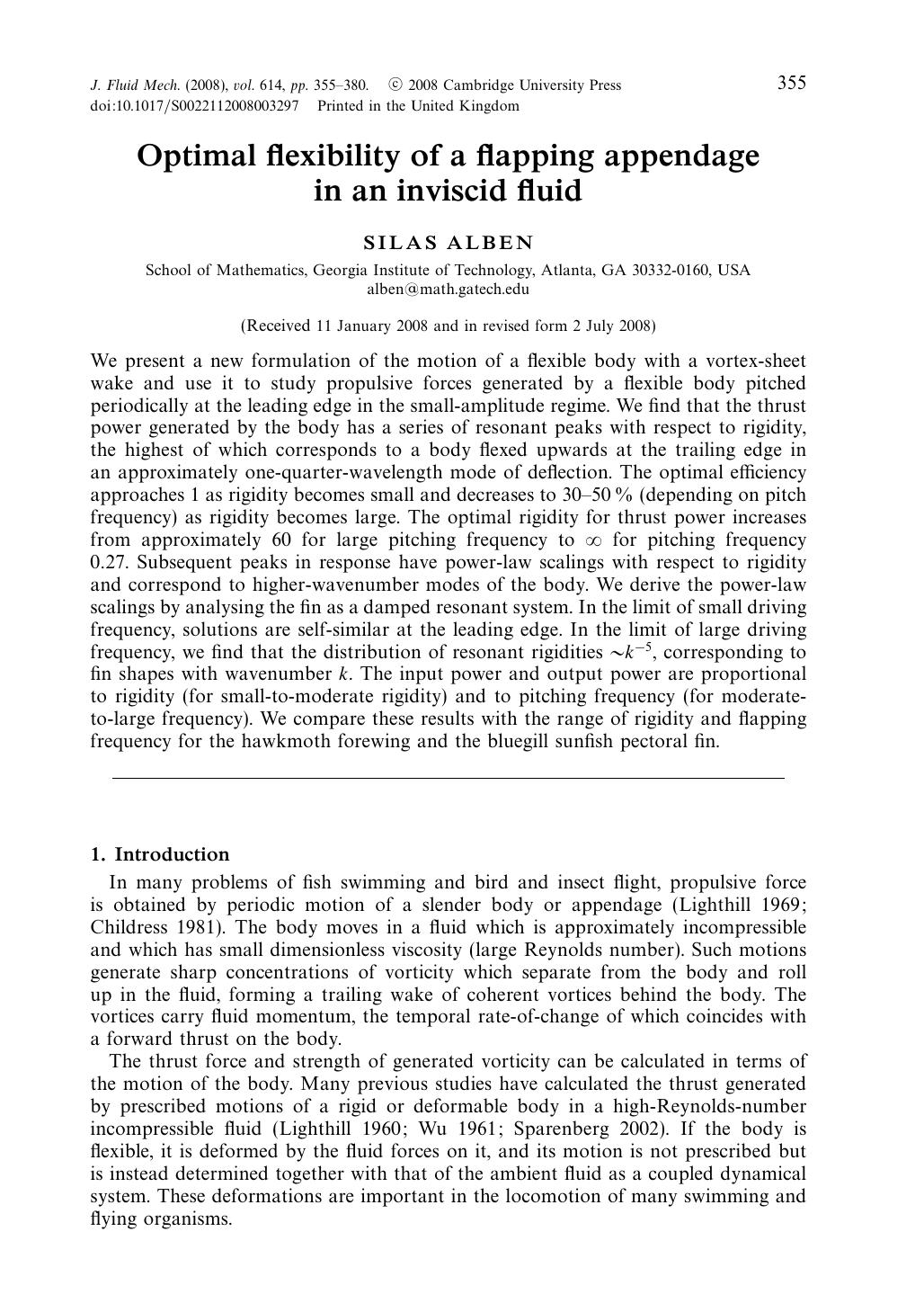 Optimal flexibility of a flapping appendage in an inviscid fluid by SILAS ALBEN