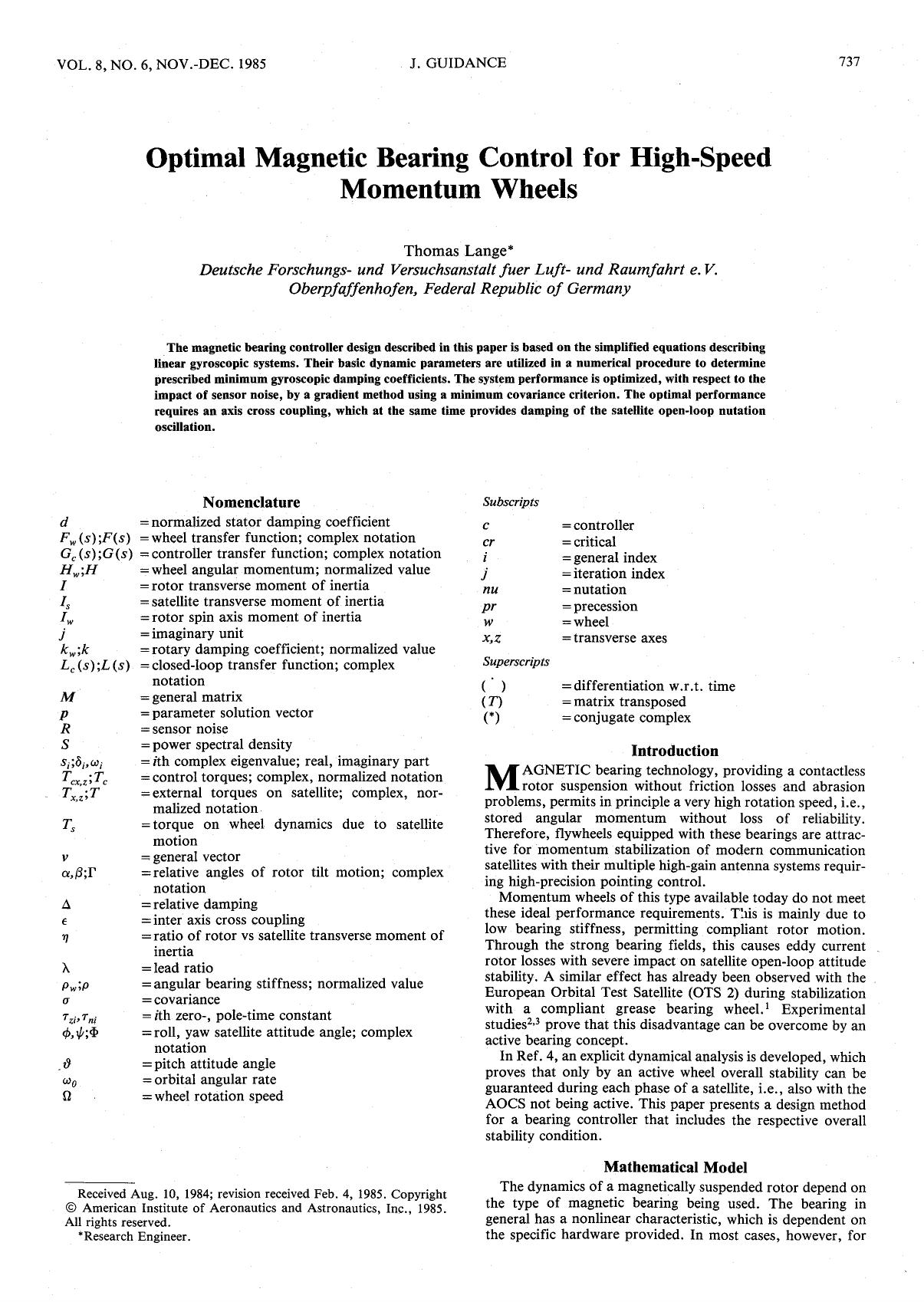 Optimal magnetic bearing control for high-speed momentum wheels by Unknown