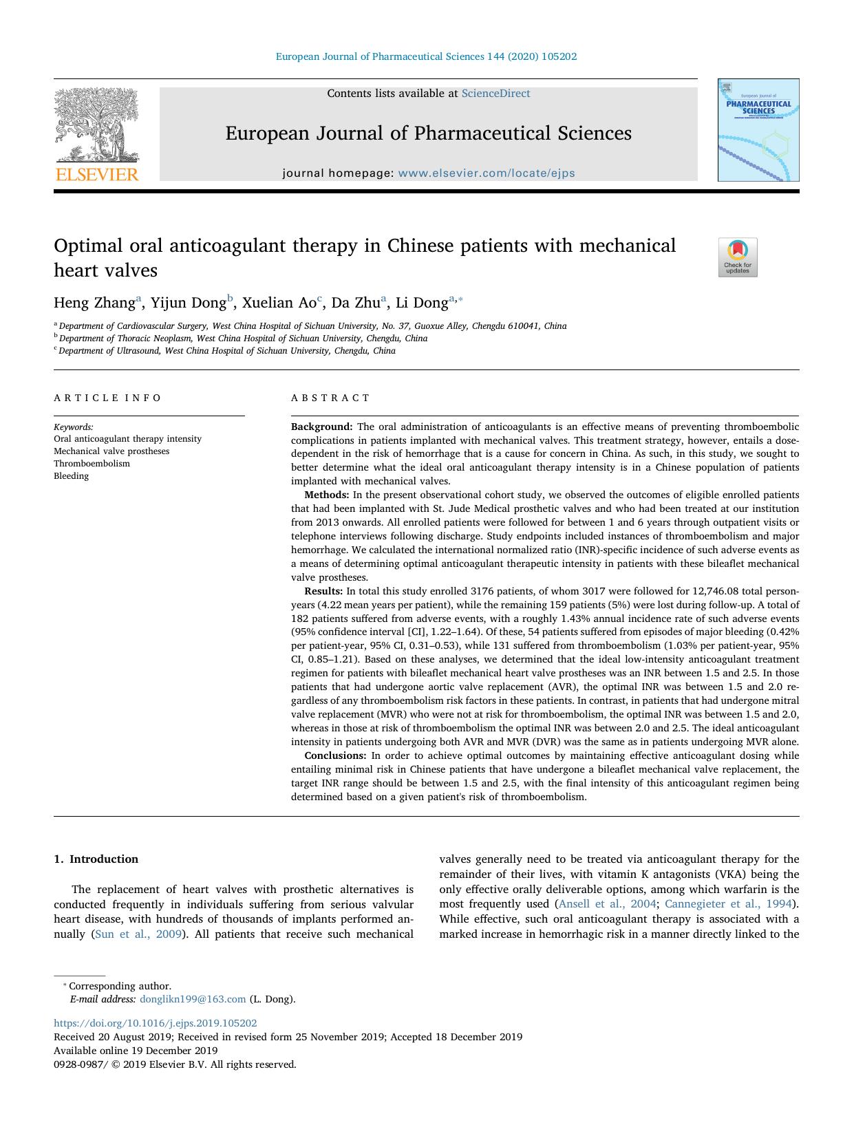 Optimal oral anticoagulant therapy in Chinese patients with mechanical heart valves by Heng Zhang & Yijun Dong & Xuelian Ao & Da Zhu & Li Dong