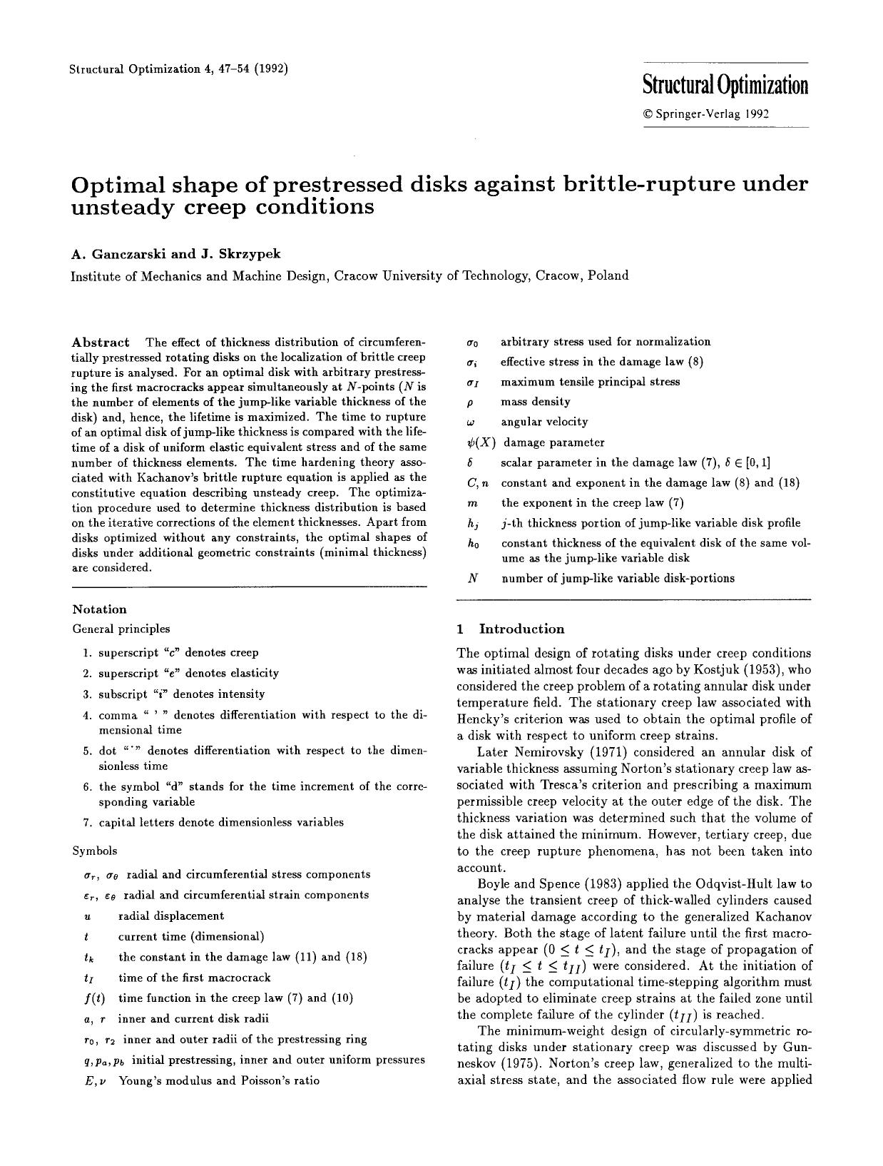 Optimal shape of prestressed disks against brittle-rupture under unsteady creep conditions by Unknown