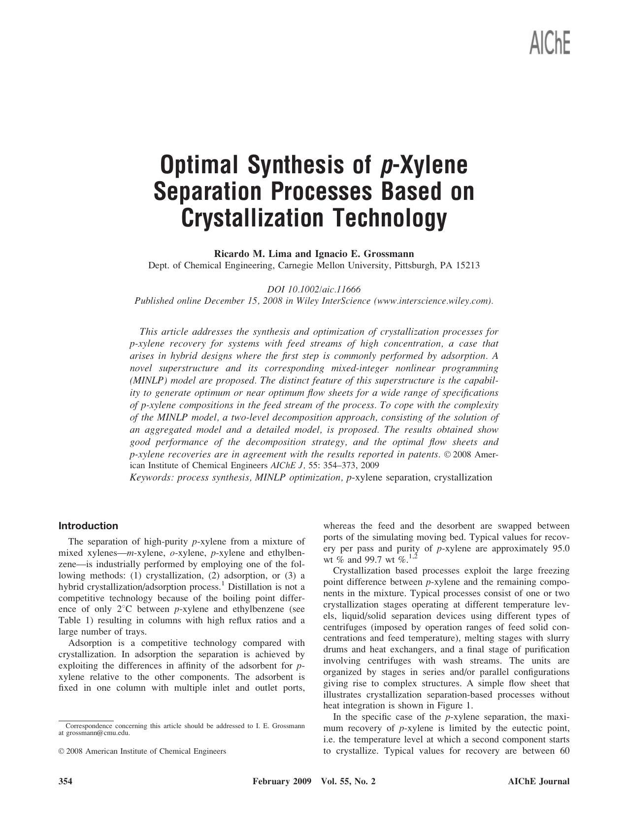 Optimal synthesis of p-xylene separation processes based on crystallization technology by Unknown