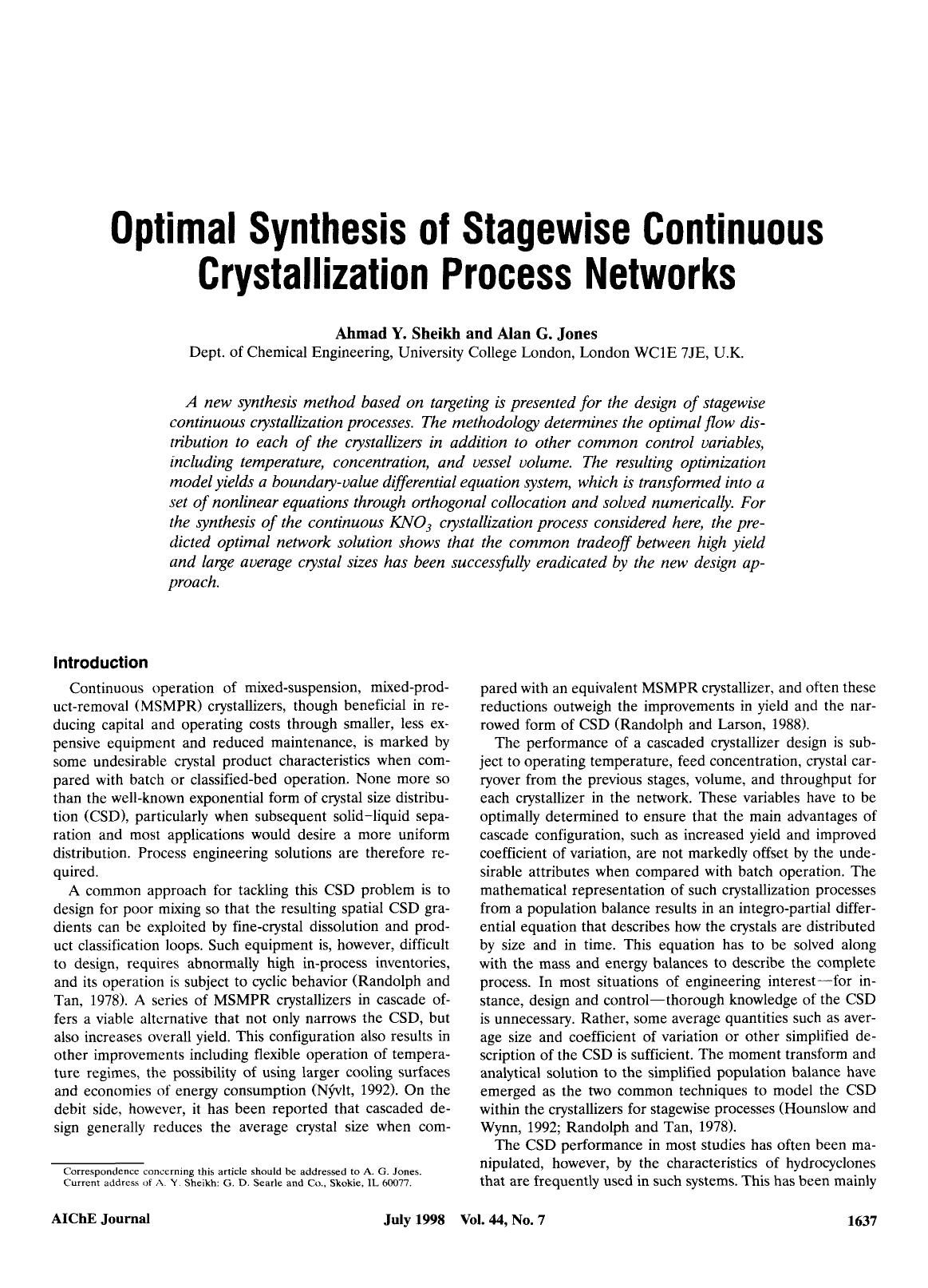 Optimal synthesis of stagewise continuous crystallization process networks by Unknown