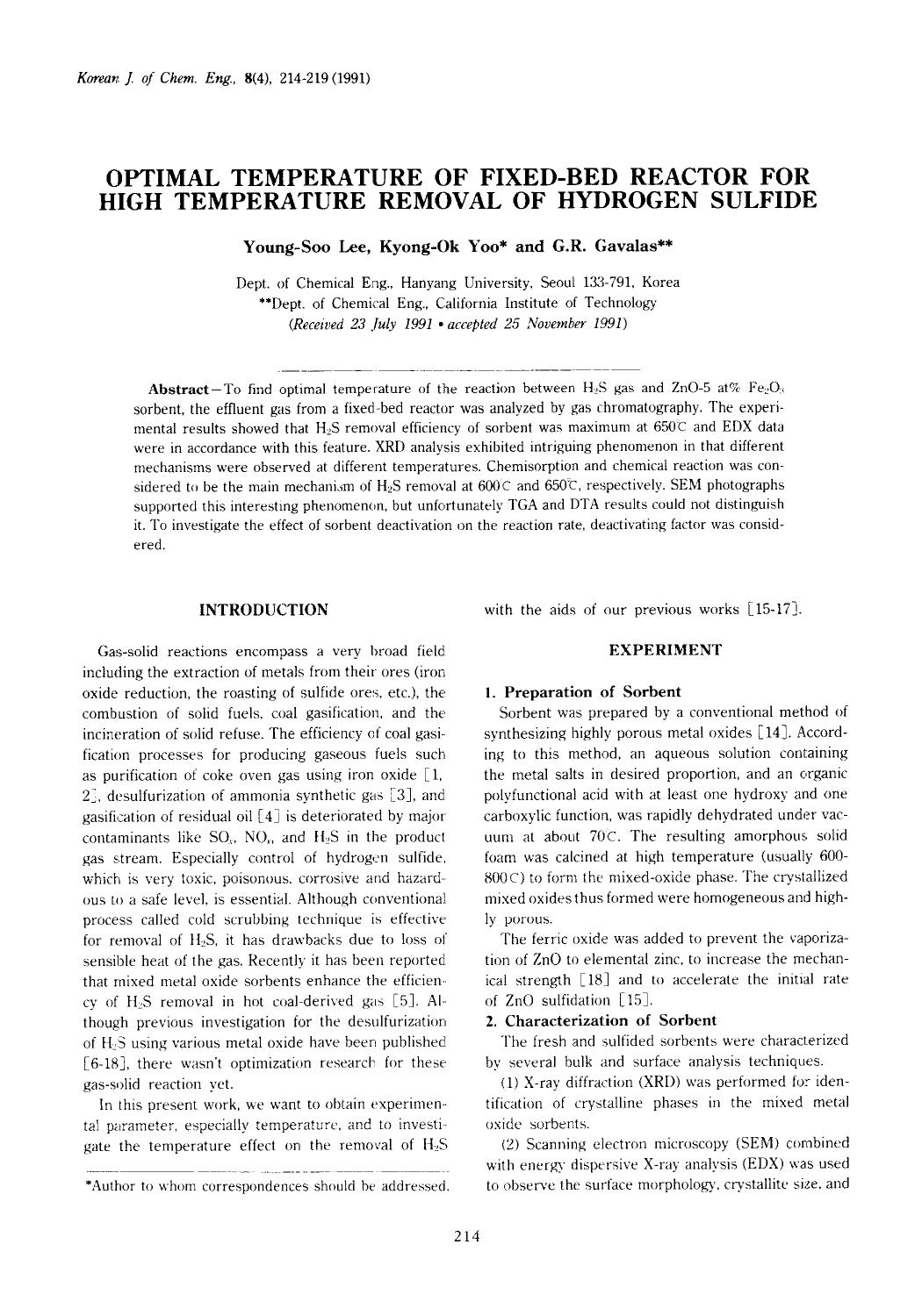 Optimal temperature of fixed-bed reactor for high temperature removal of hydrogen sulfide by Unknown