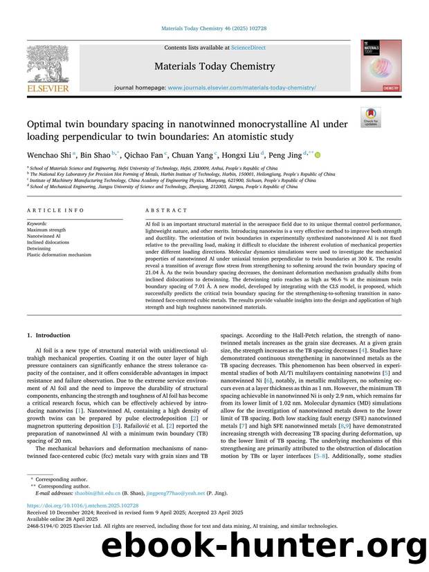 Optimal twin boundary spacing in nanotwinned monocrystalline Al under loading perpendicular to twin boundaries: An atomistic study by Wenchao Shi & Bin Shao & Qichao Fan & Chuan Yang & Hongxi Liu & Peng Jing