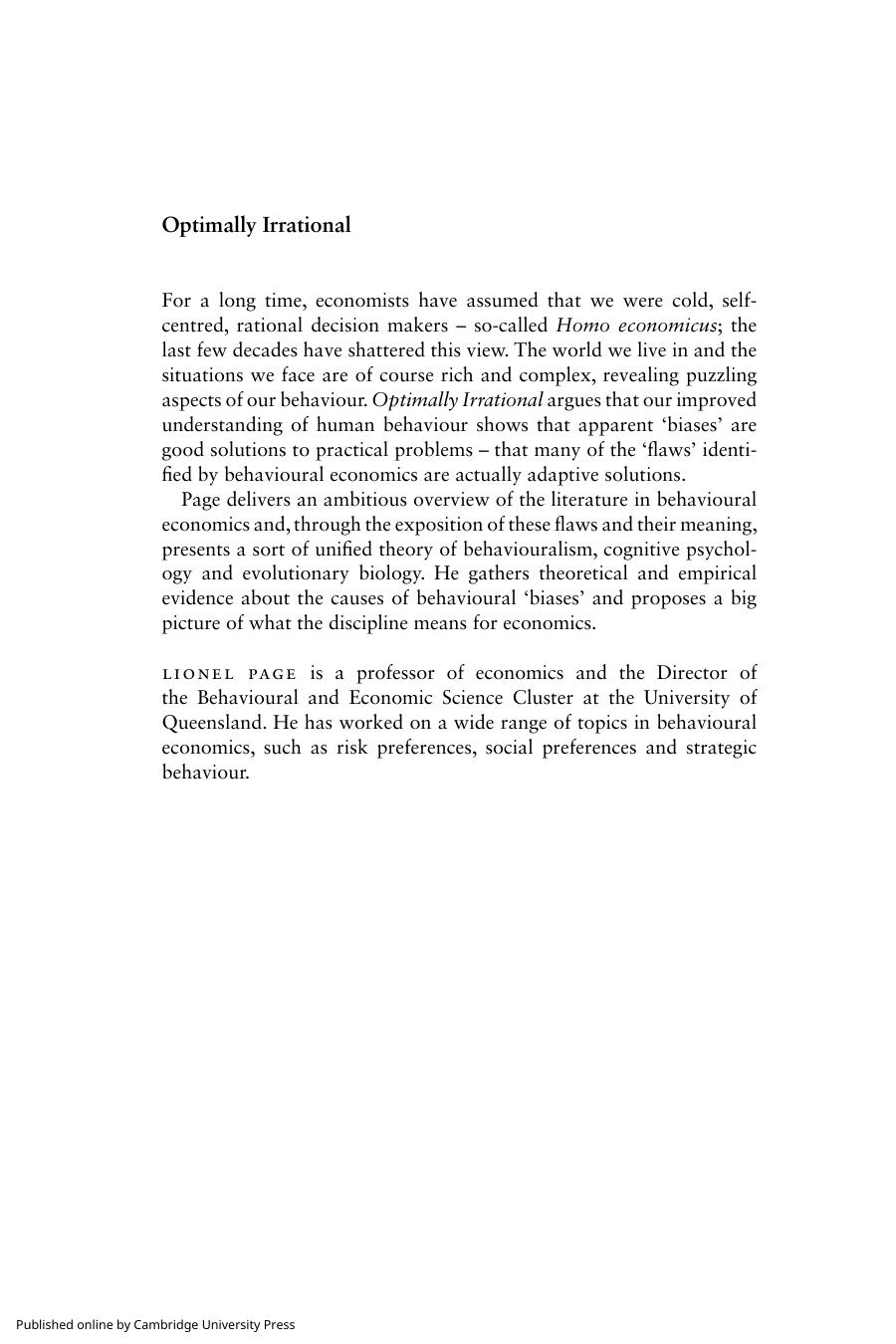 Optimally Irrational: The Good Reasons We Behave the Way We Do by Lionel Page