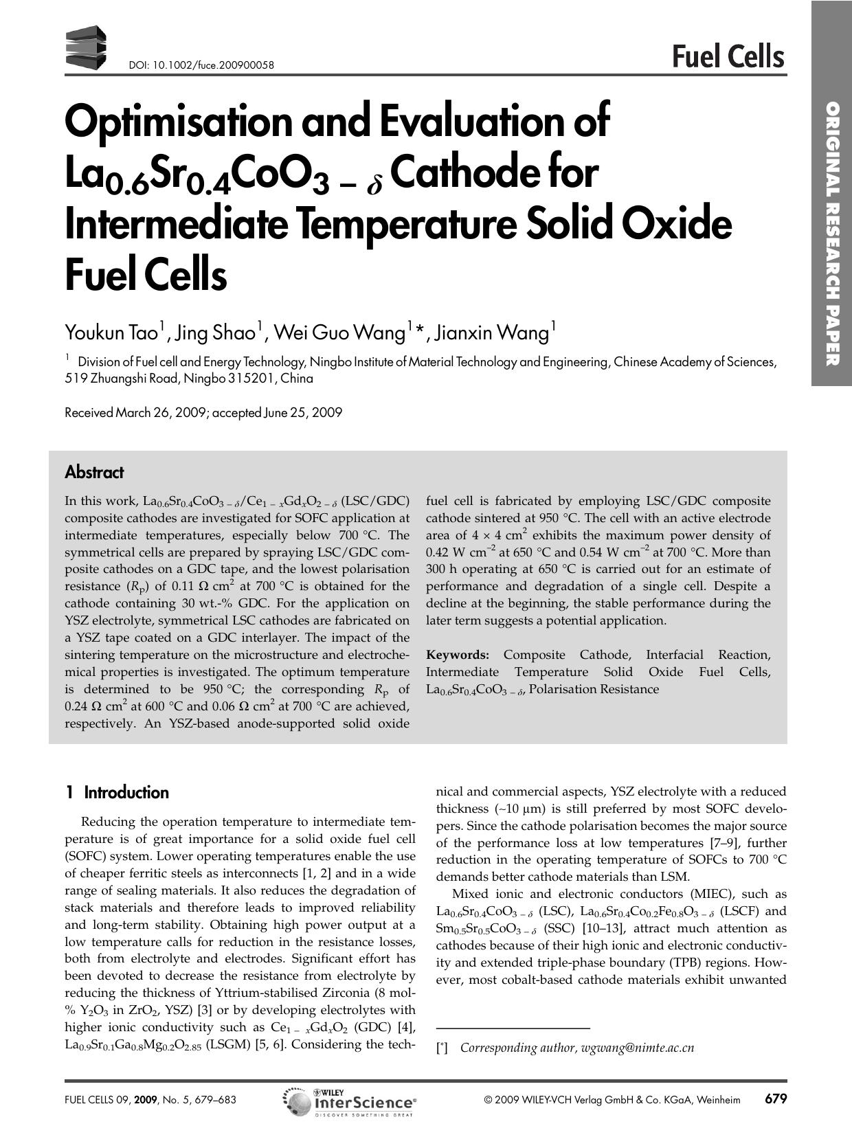 Optimisation and Evaluation of La0.6Sr0.4CoO3[thinsp]-[thinsp][dgr] Cathode for Intermediate Temperature Solid Oxide Fuel Cells by Unknown