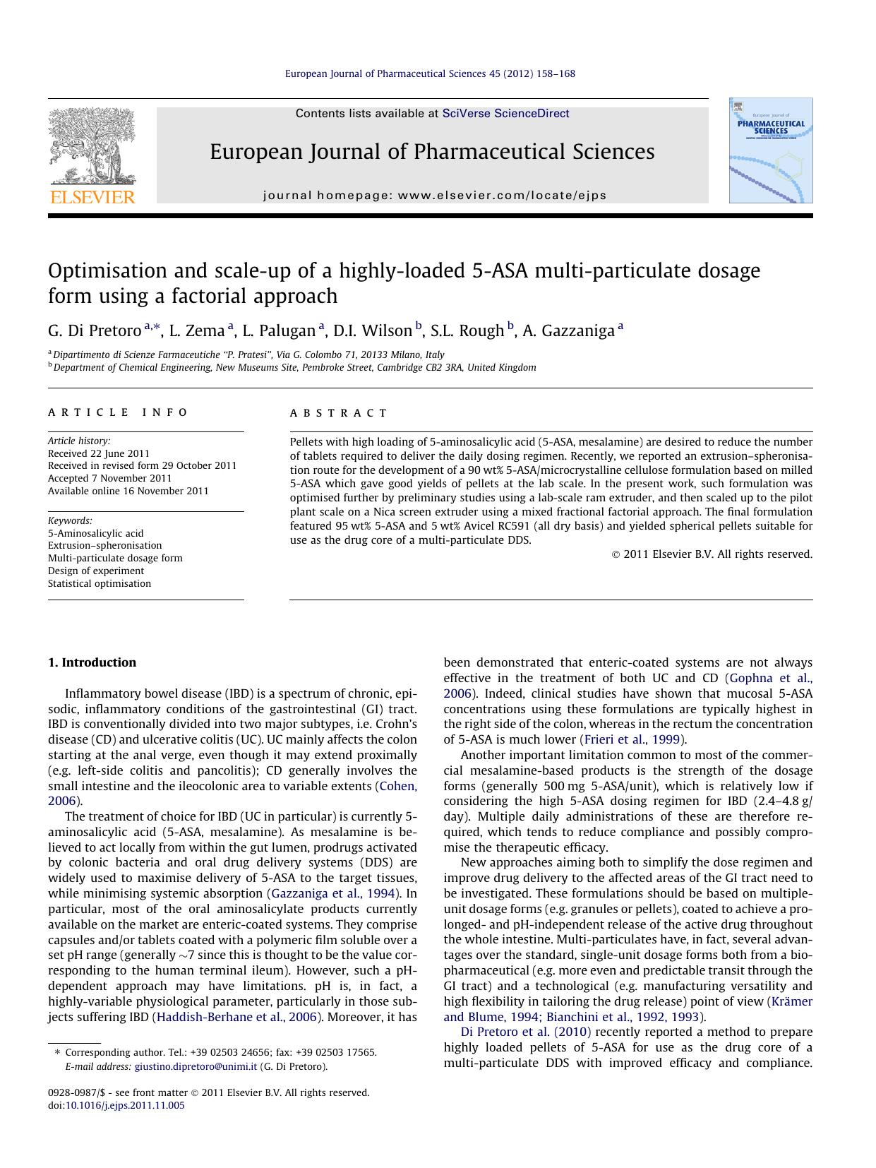 Optimisation and scale-up of a highly-loaded 5-ASA multi-particulate dosage form using a factorial approach by G. Di Pretoro & L. Zema & L. Palugan & D.I. Wilson & S.L. Rough & A. Gazzaniga