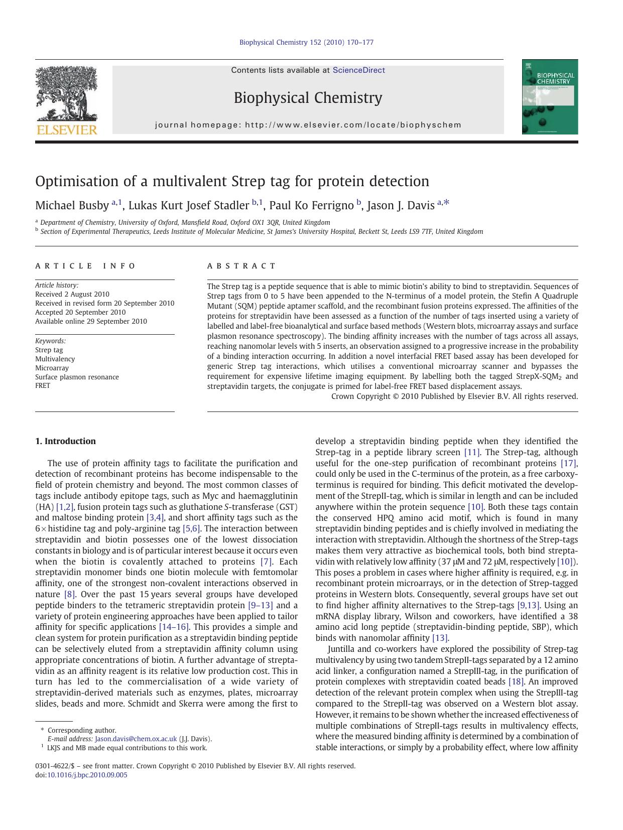 Optimisation of a multivalent Strep tag for protein detection by Michael Busby & Lukas Kurt Josef Stadler & Paul Ko Ferrigno & Jason J. Davis