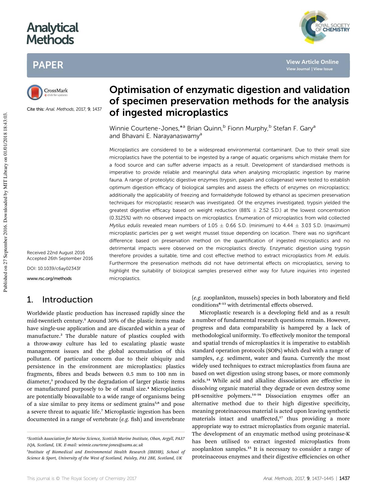 Optimisation of enzymatic digestion and validation of specimen preservation methods for the analysis of ingested microplastics by Winnie Courtene-Jones & Brian Quinn & Fionn Murphy & Stefan F. Gary & Bhavani E. Narayanaswamy