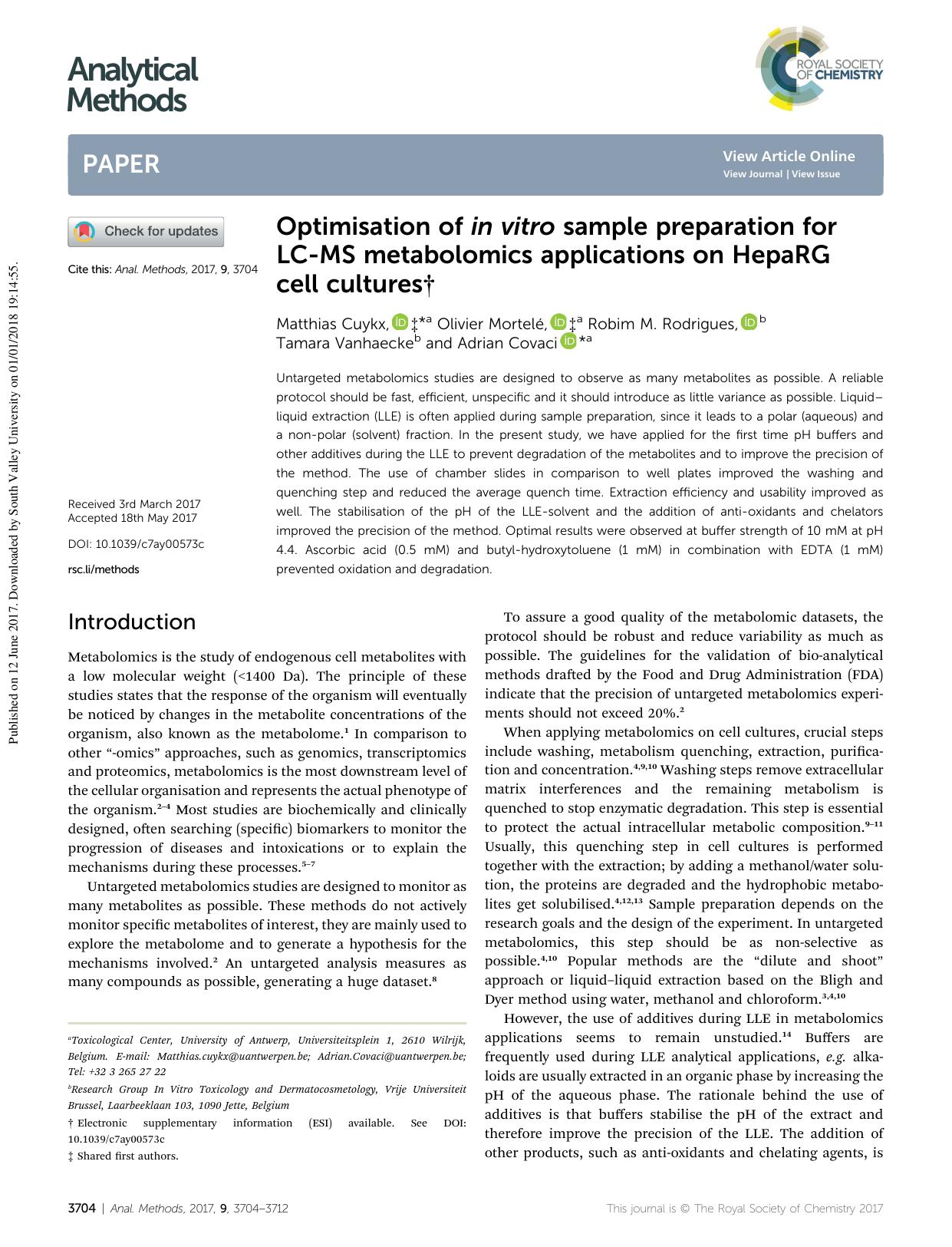 Optimisation of in vitro sample preparation for LC-MS metabolomics applications on HepaRG cell&nbsp;cultures by Matthias Cuykx & Olivier Mortelé & Robim M. Rodrigues & Tamara Vanhaecke & Adrian Covaci