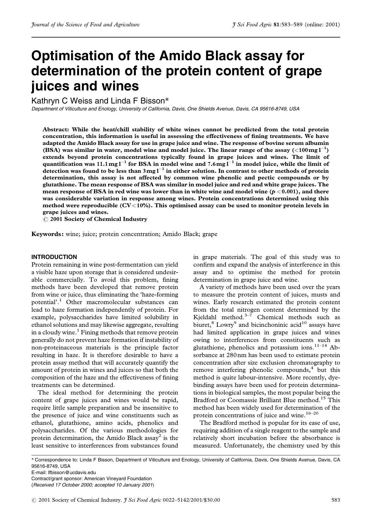 Optimisation of the Amido Black assay for determination of the protein content of grape juices and wines by Unknown