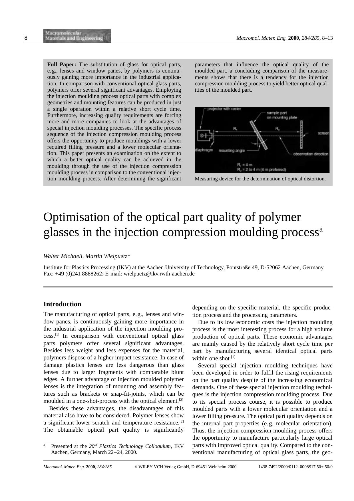 Optimisation of the optical part quality of polymer glasses in the injection compression moulding process by Unknown