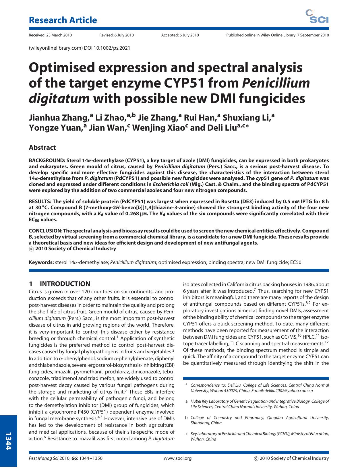 Optimised expression and spectral analysis of the target enzyme CYP51 from Penicillium digitatum with possible new DMI fungicides by Unknown
