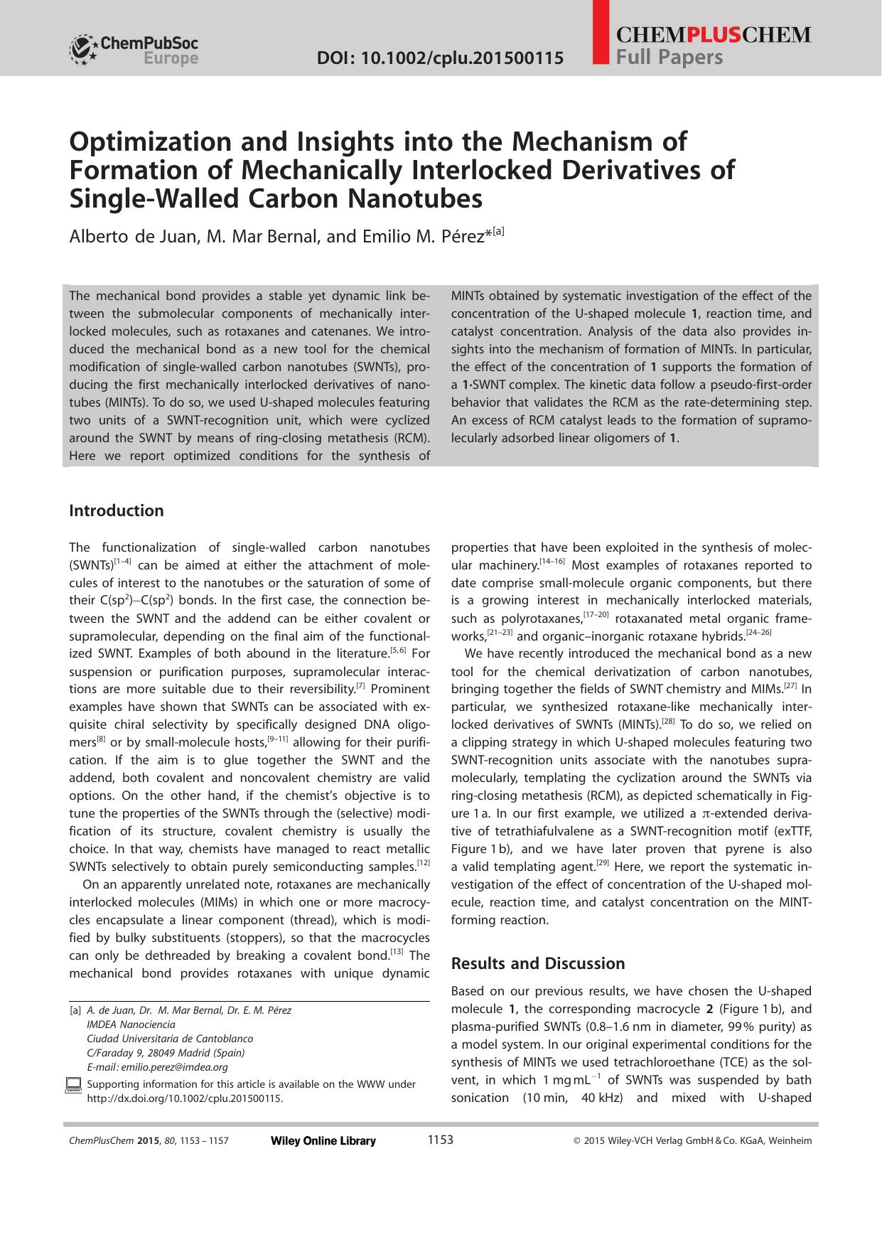Optimization and Insights into the Mechanism of Formation of Mechanically Interlocked Derivatives of SingleWalled Carbon Nanotubes by Unknown