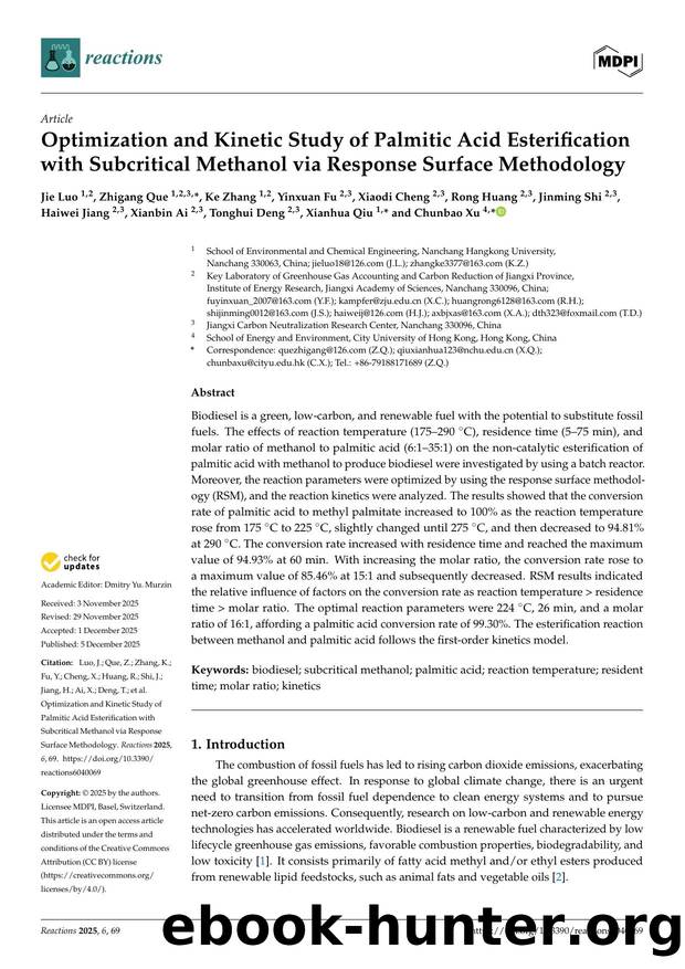 Optimization and Kinetic Study of Palmitic Acid Esterification with Subcritical Methanol via Response Surface Methodology by unknow