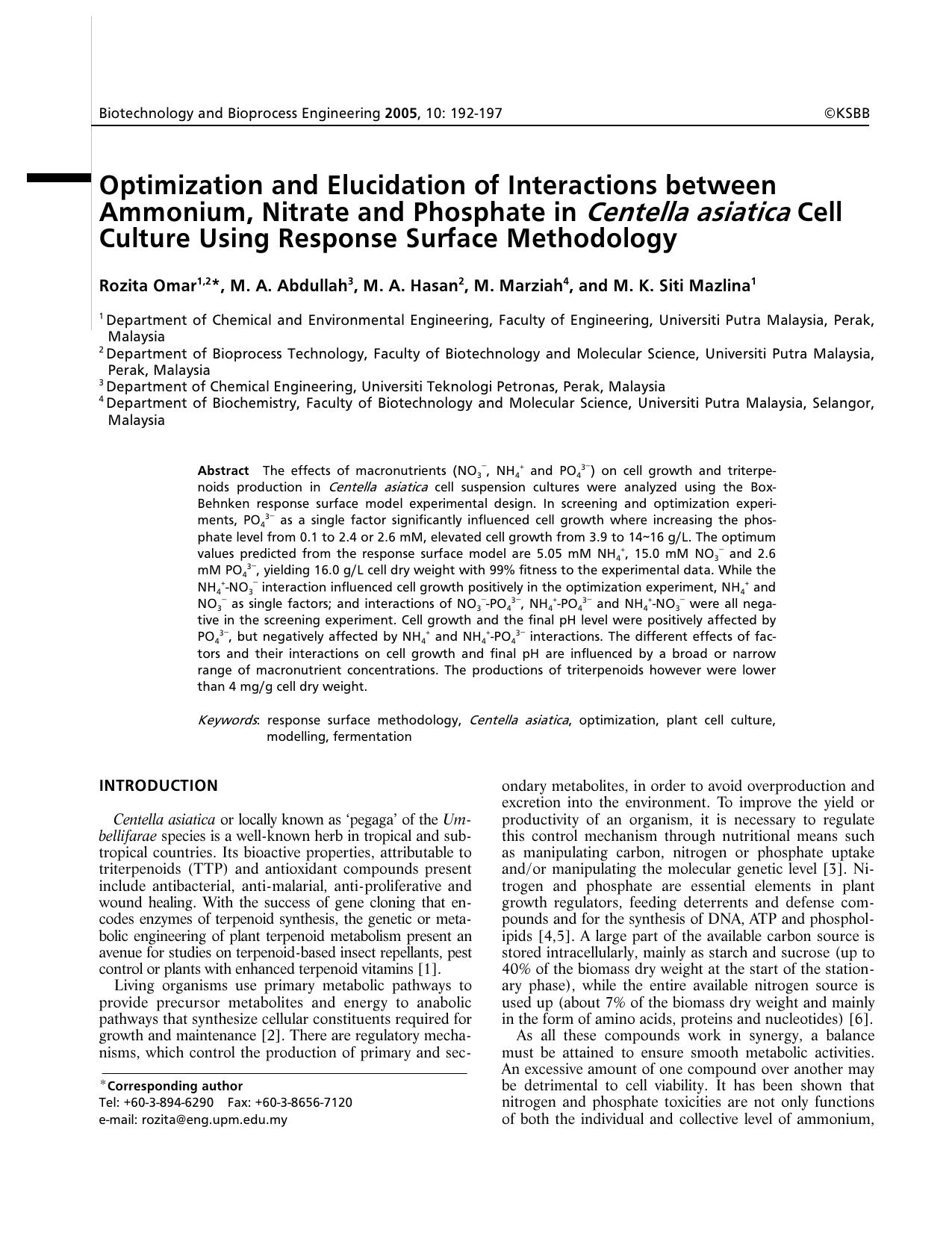Optimization and elucidation of interactions between ammonium, nitrate and phosphate in <Emphasis Type="Italic">Centella asiatica <Emphasis> cell culture using response surface methodology by Unknown